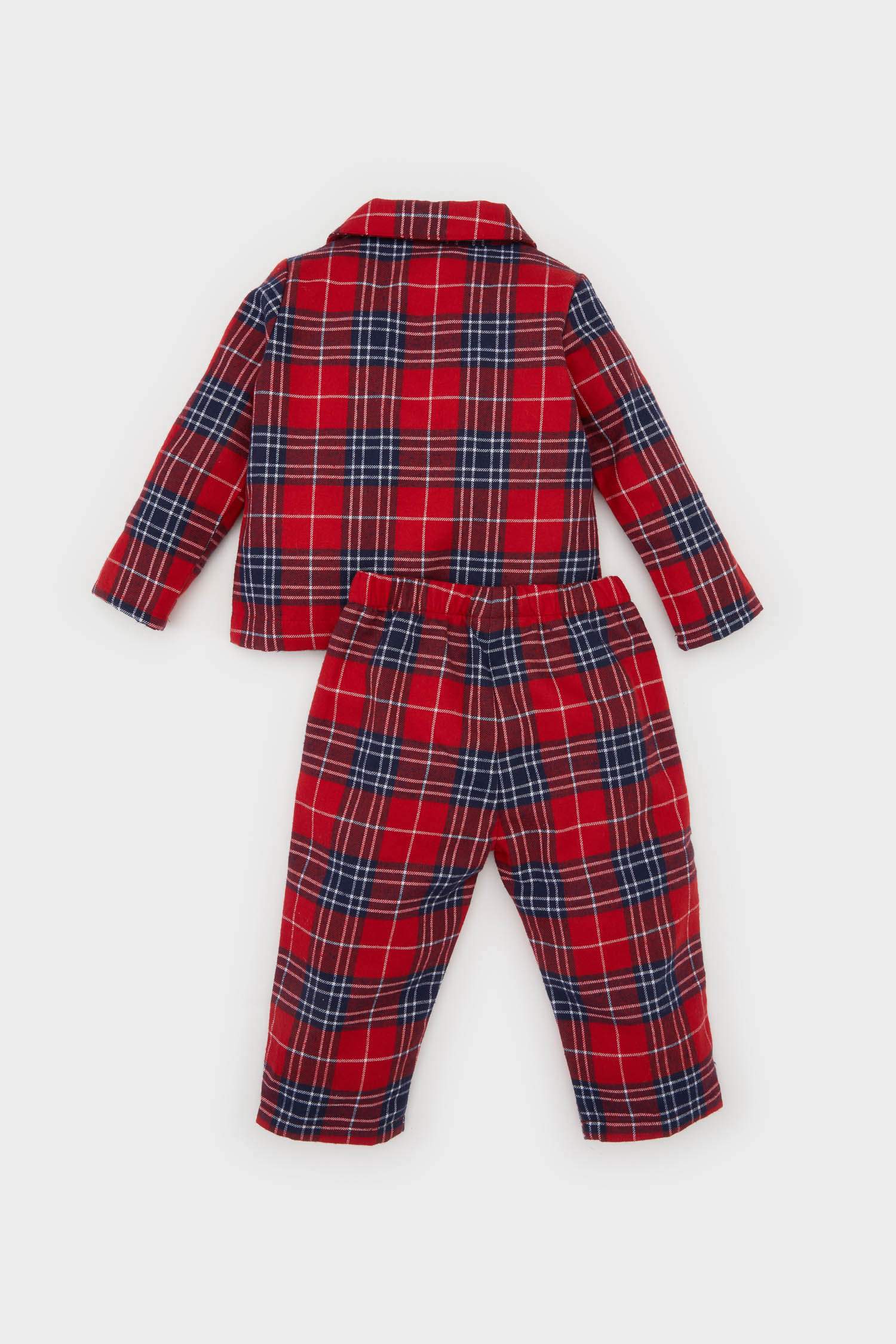 Erkek Bebek Dokuma Pijama Pijama Takımı Kareli Uzun Kollu Üst Beli Lastikli Uzun Alt