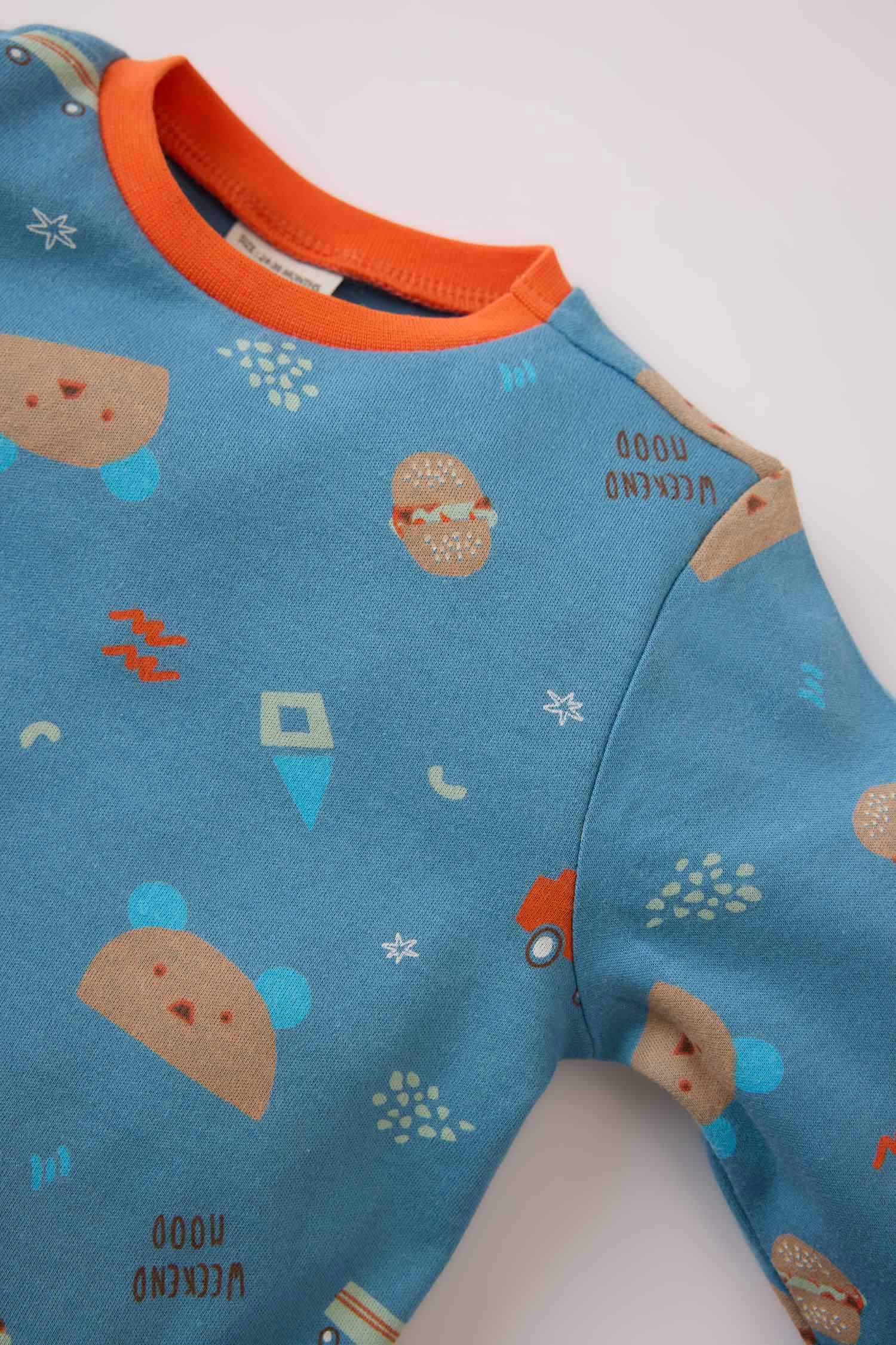 Erkek Bebek Pijama Takımı Ayı Baskılı Uzun Kollu Üst Beli Lastikli Uzun Alt