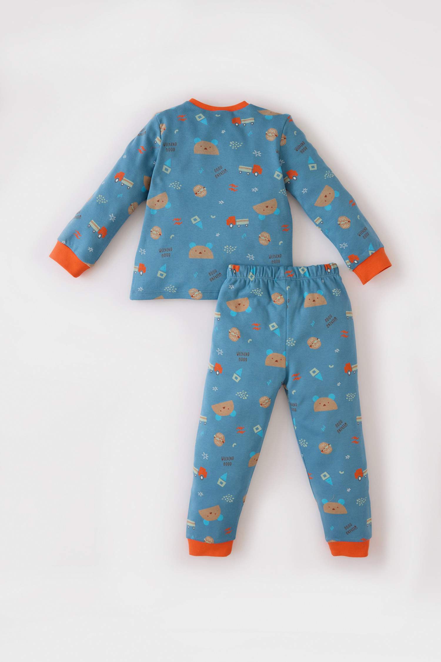 Erkek Bebek Pijama Takımı Ayı Baskılı Uzun Kollu Üst Beli Lastikli Uzun Alt