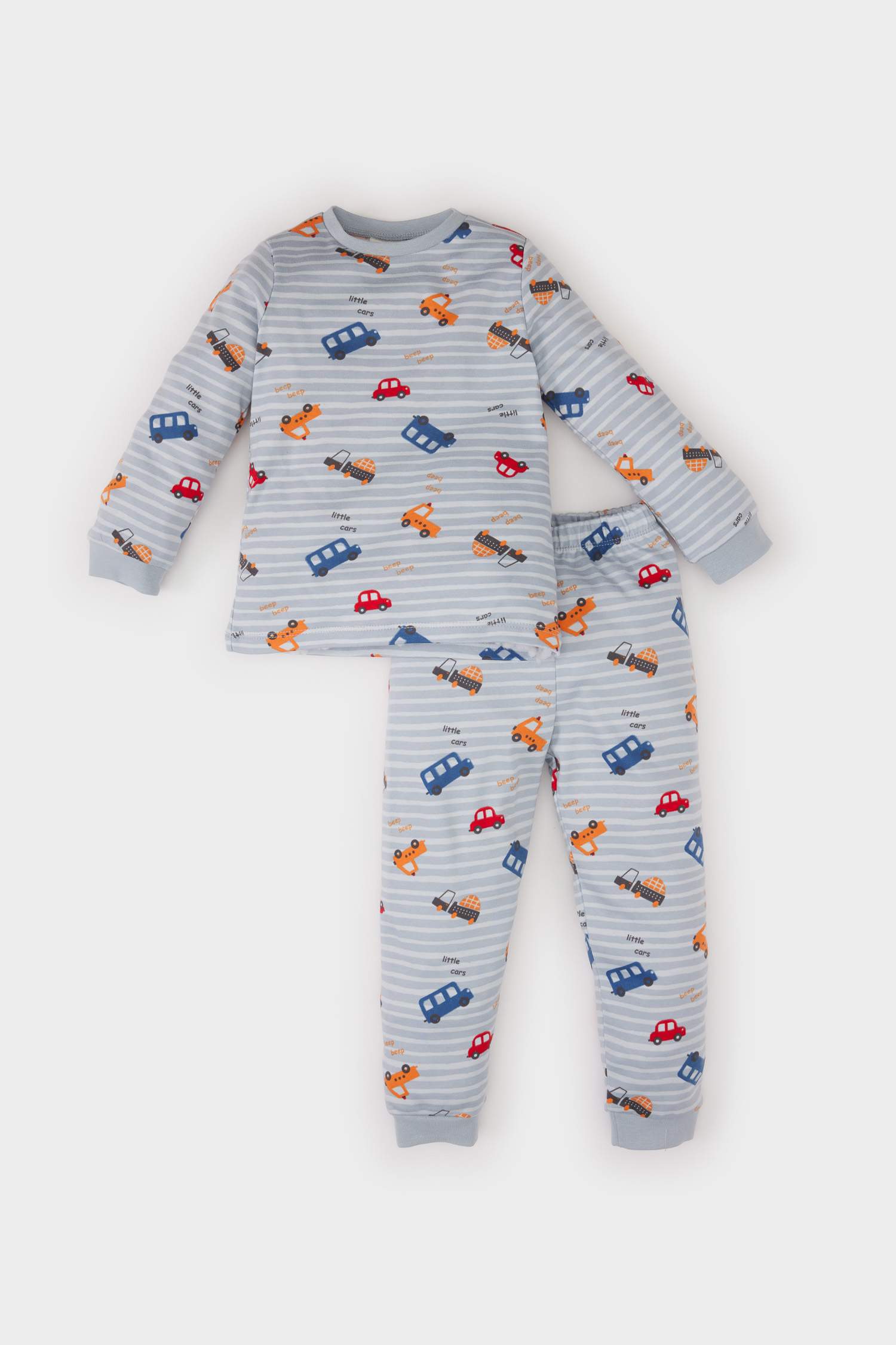 Erkek Bebek Pijama Takımı Araç Baskılı Uzun Kollu Üst Beli Lastikli Uzun Alt