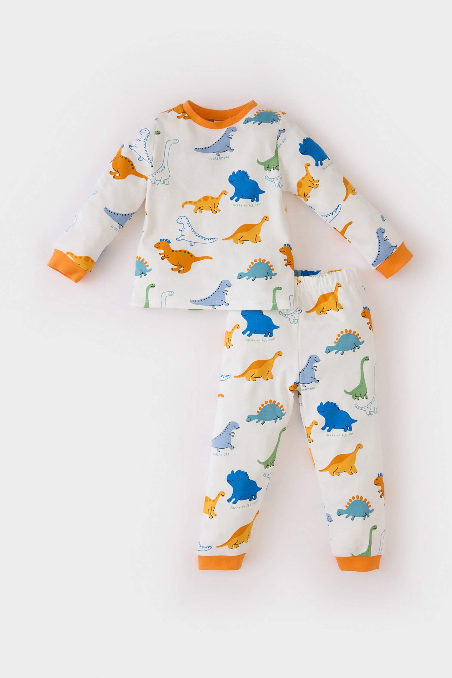 Erkek Bebek Pijama Takımı Dinozor Baskılı Uzun Kollu Üst Beli Lastikli Uzun Alt