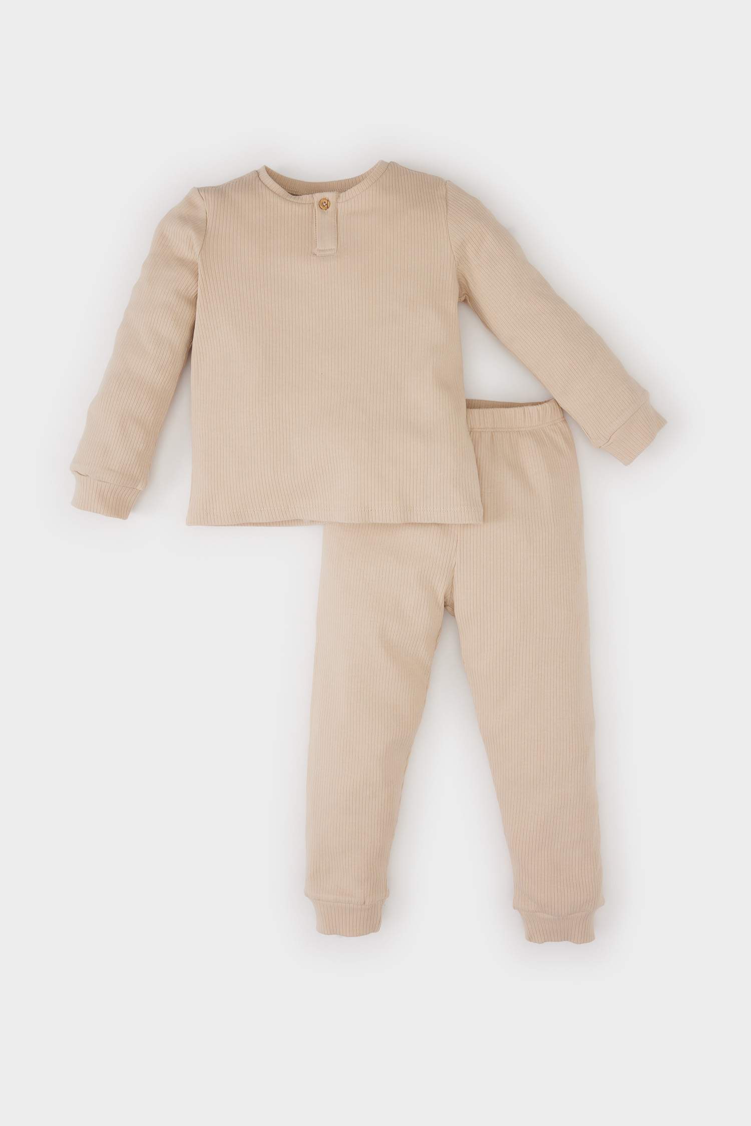 Erkek Bebek Pijama Takımı Fitilli Kaşkorse Basic Düz Uzun Kollu Üst Beli Lastikli Uzun Alt