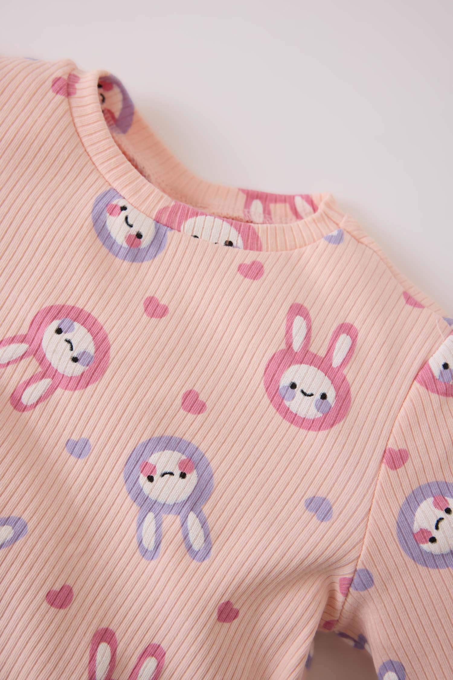 Kız Bebek Pijama Takımı Fitilli Kaşkorse Tavşan Baskılı Uzun Kollu Üst Beli Lastikli Uzun Alt