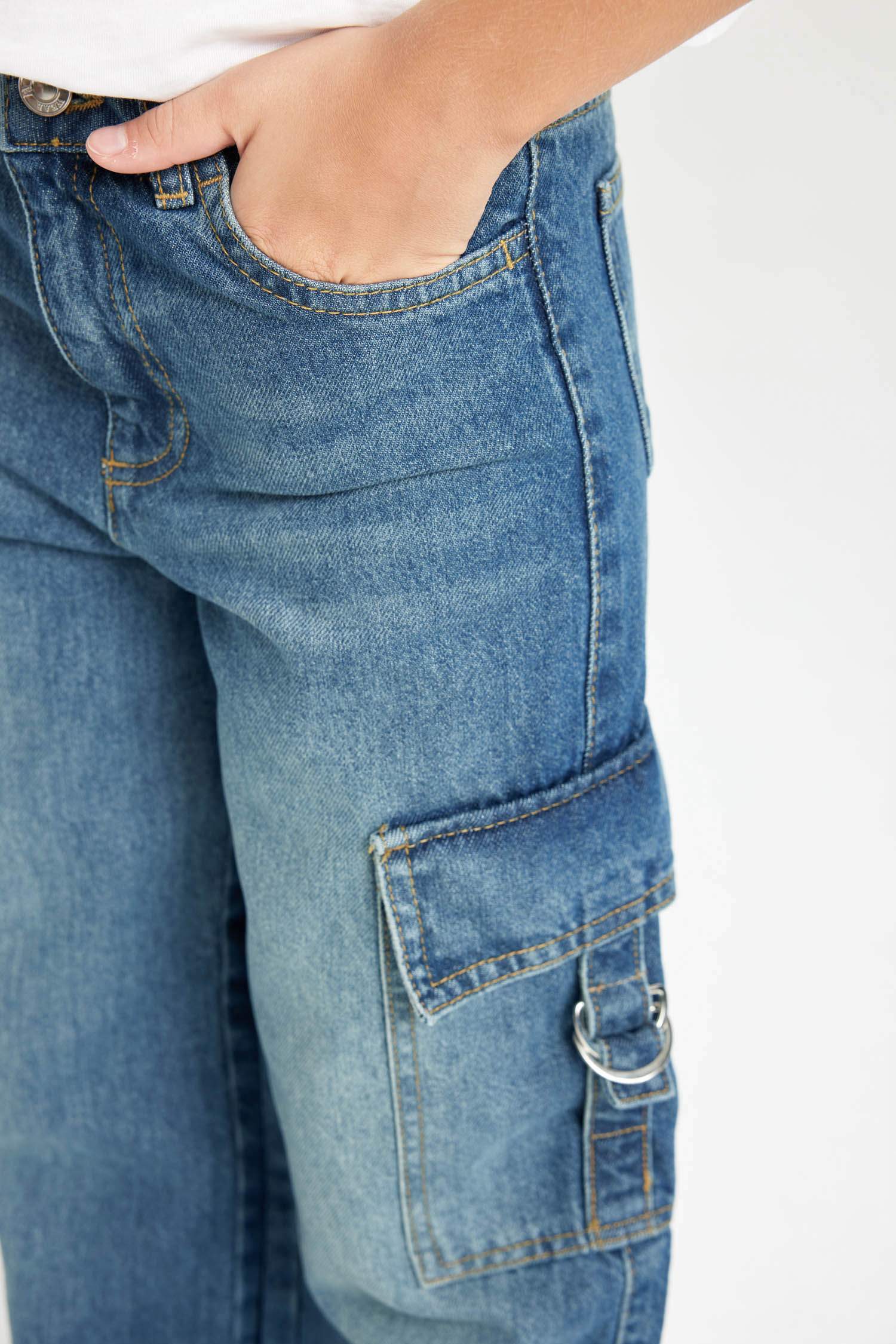 Kız Çocuk Wide Leg Kargo Cepli Geniş Bol Paça Jean Pantolon