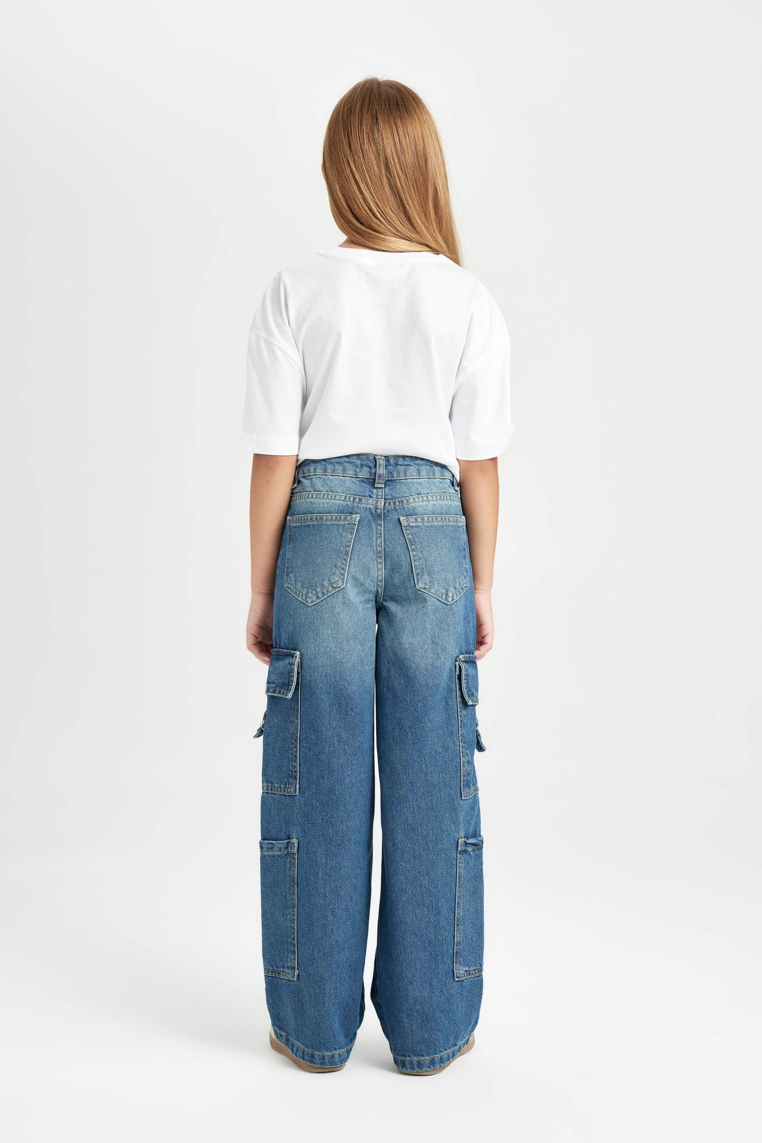 Kız Çocuk Wide Leg Kargo Cepli Geniş Bol Paça Jean Pantolon