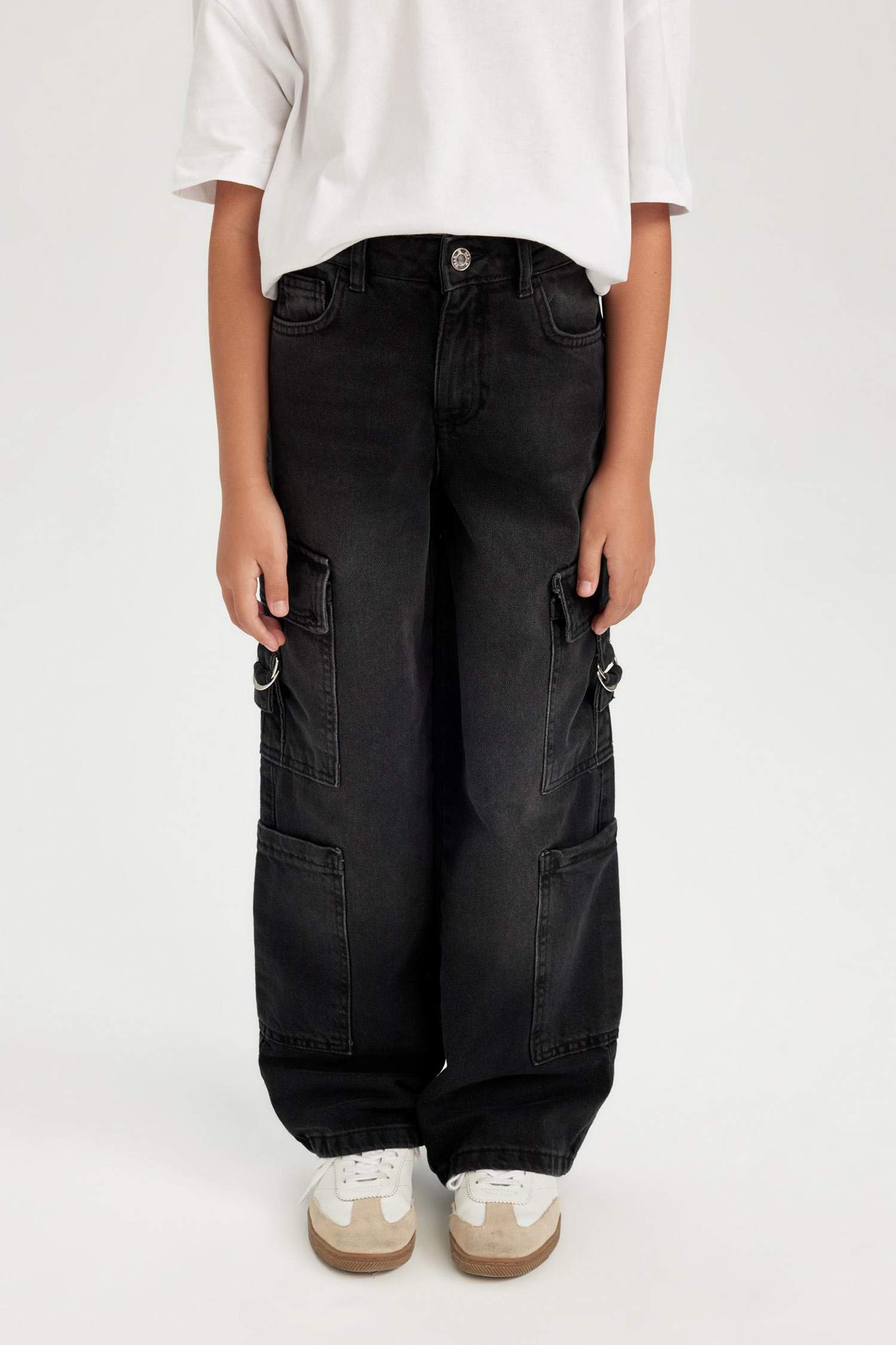 Wide Leg Kargo Cepli Geniş Bol Paça Antrasit Jean Pantolon Kız Çocuk