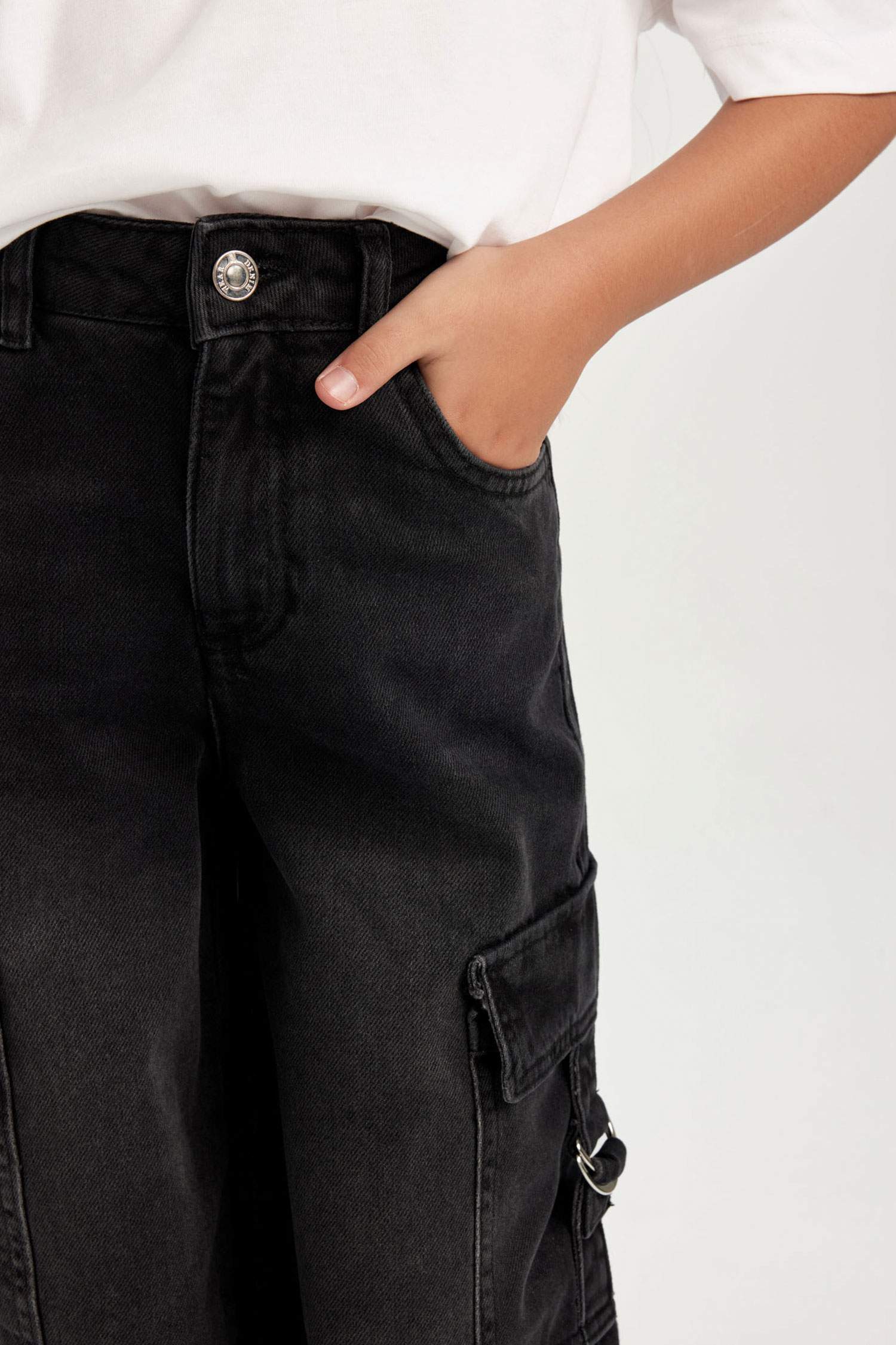 Wide Leg Kargo Cepli Geniş Bol Paça Antrasit Jean Pantolon Kız Çocuk