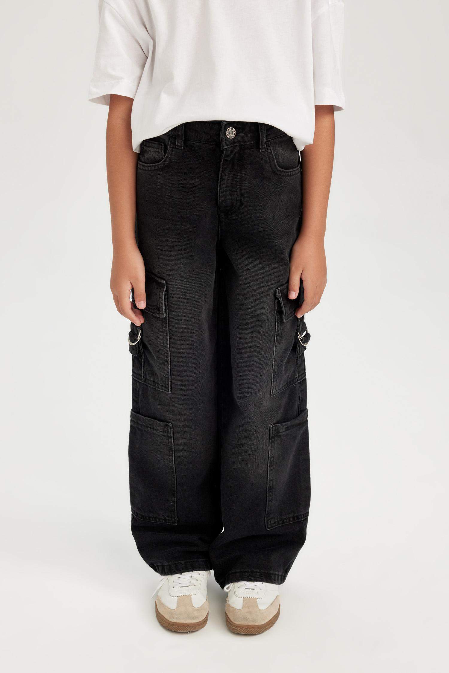 Kız Çocuk Wide Leg Kargo Cepli Geniş Bol Paça Antrasit Jean Pantolon