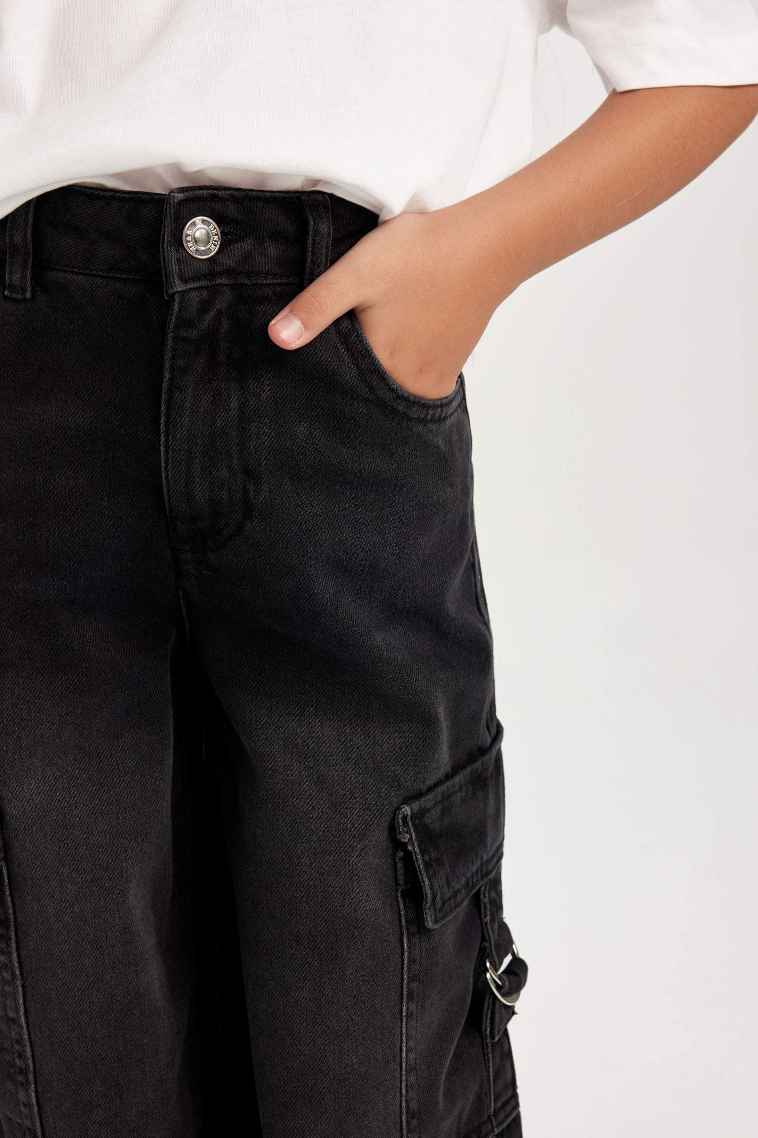 Kız Çocuk Wide Leg Kargo Cepli Geniş Bol Paça Antrasit Jean Pantolon