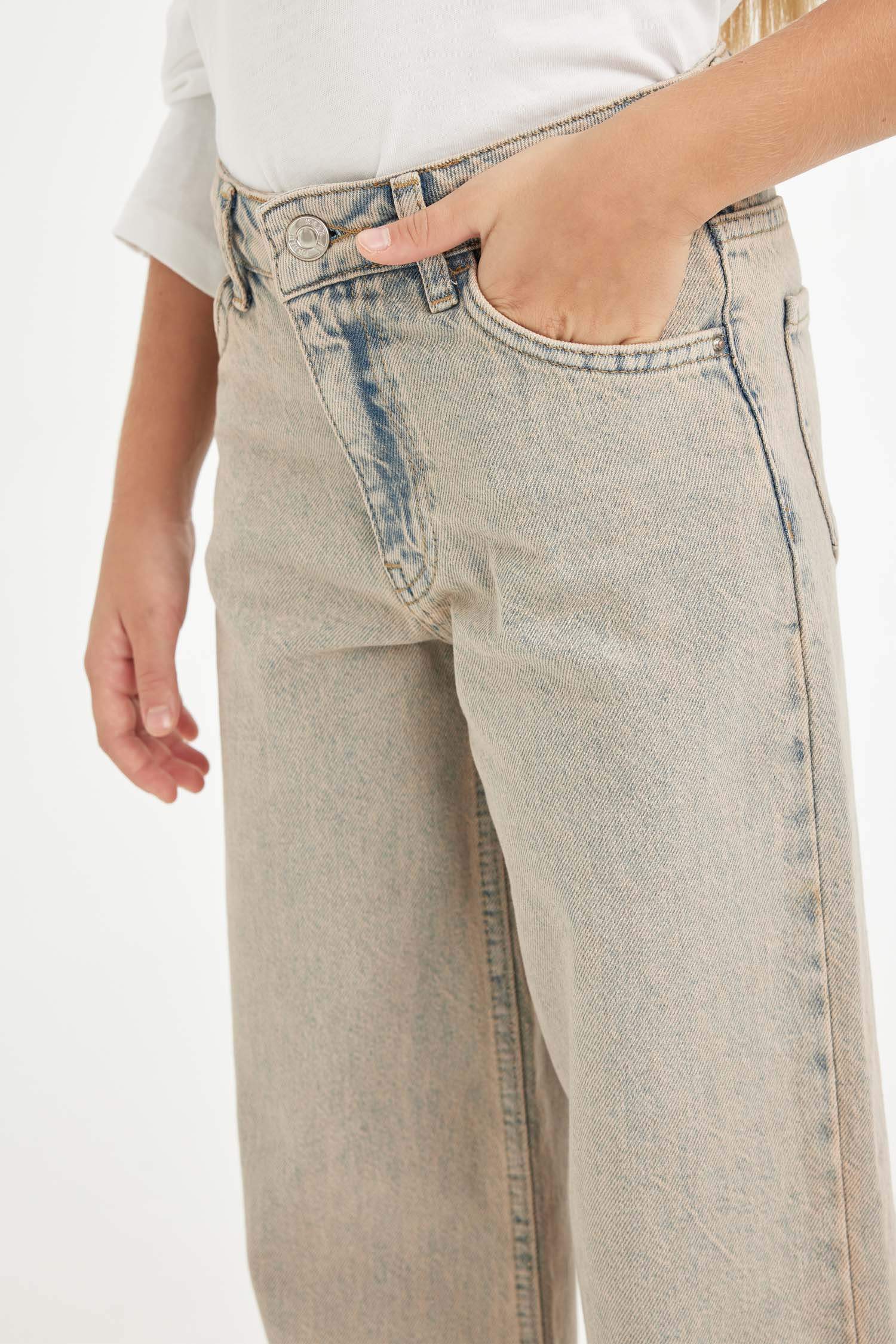 Kız Çocuk Wide Leg Geniş Bol Paça Cepli Jean Pantolon