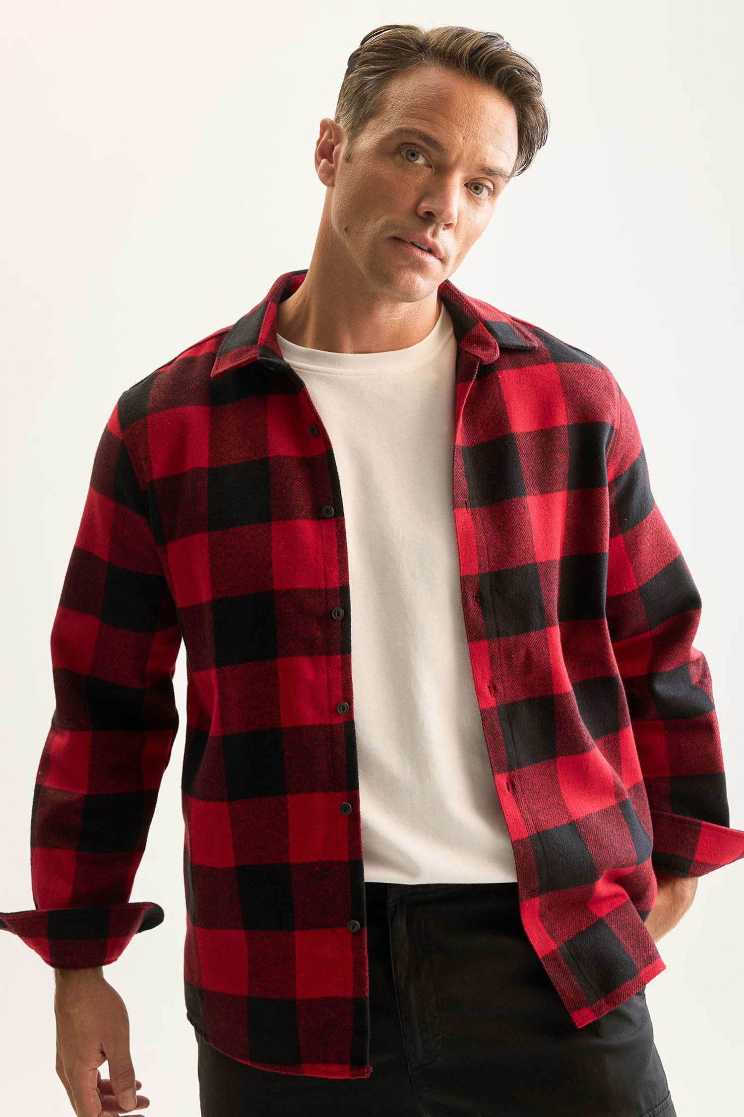 Regular Fit Polo Yaka Kareli Oduncu Flanel Uzun Kollu Gömlek