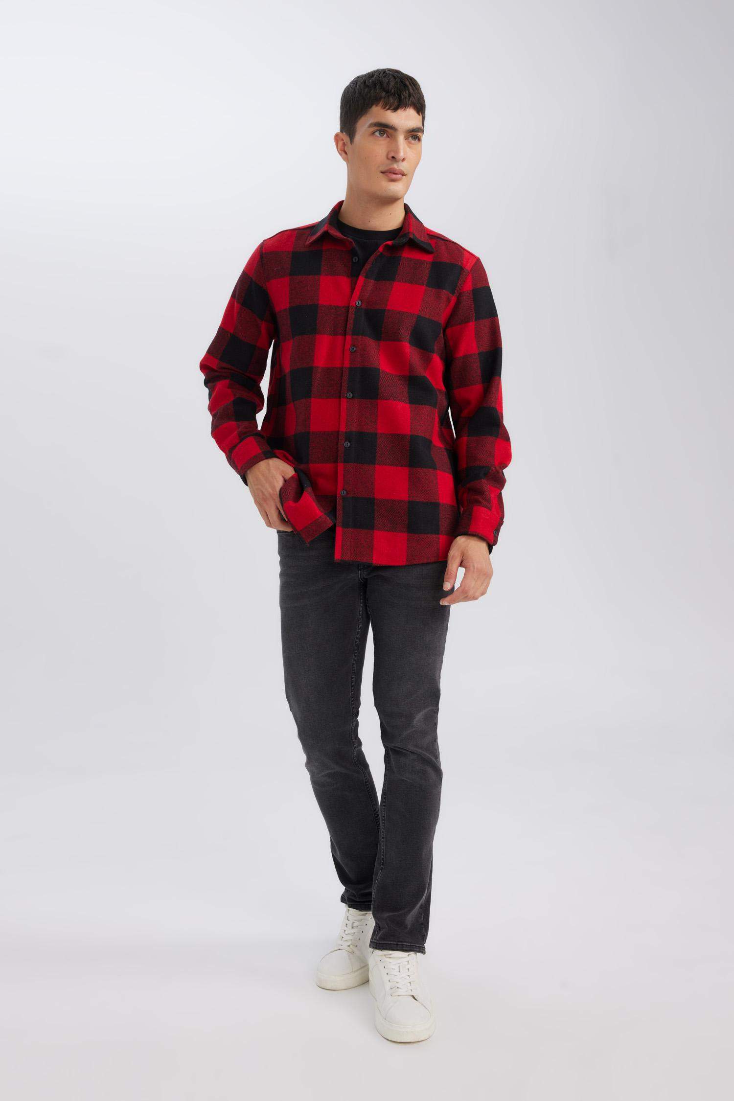 Regular Fit Polo Yaka Kareli Oduncu Flanel Uzun Kollu Gömlek