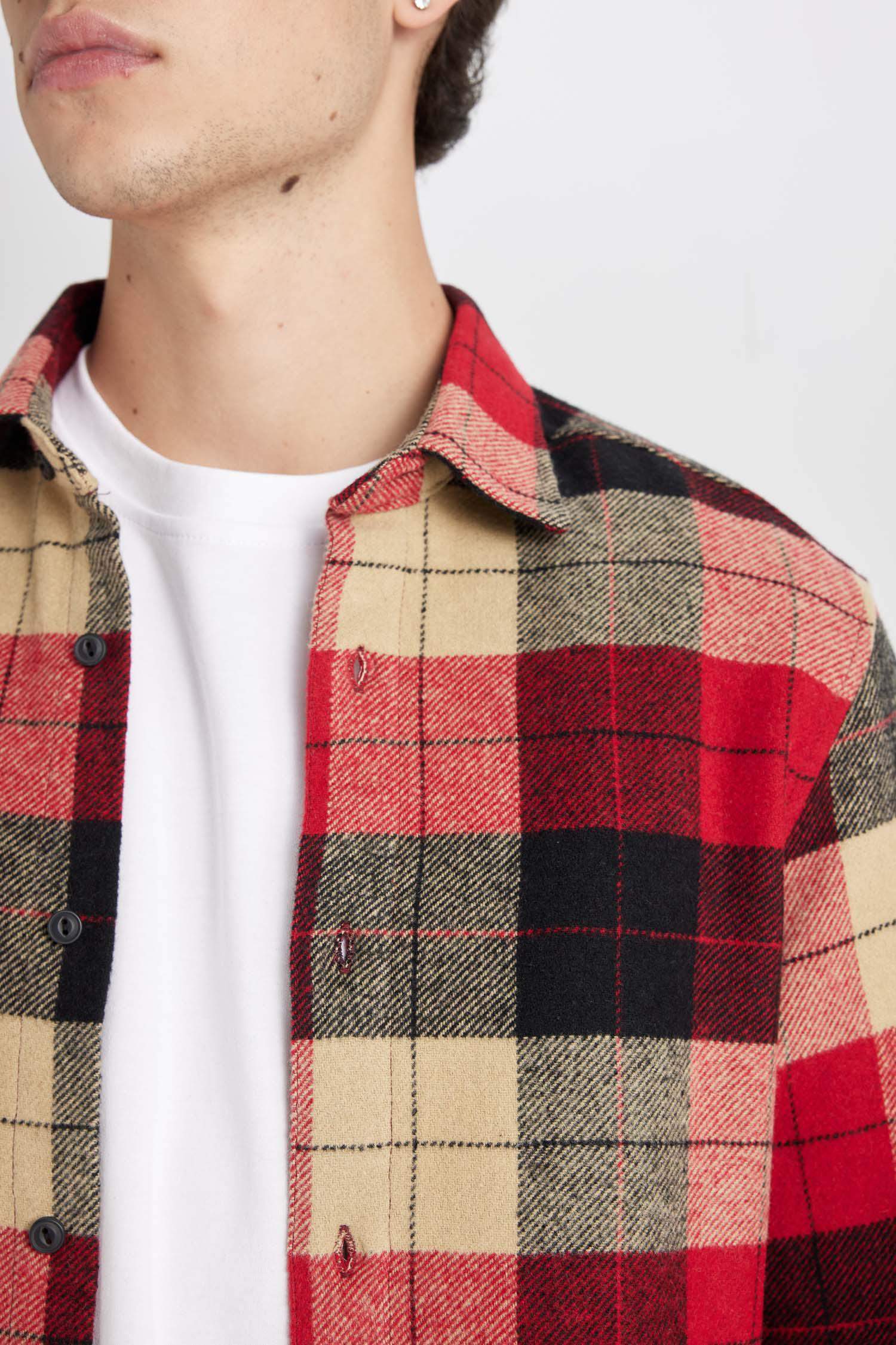 Regular Fit Polo Yaka Kareli Oduncu Flanel Uzun Kollu Gömlek