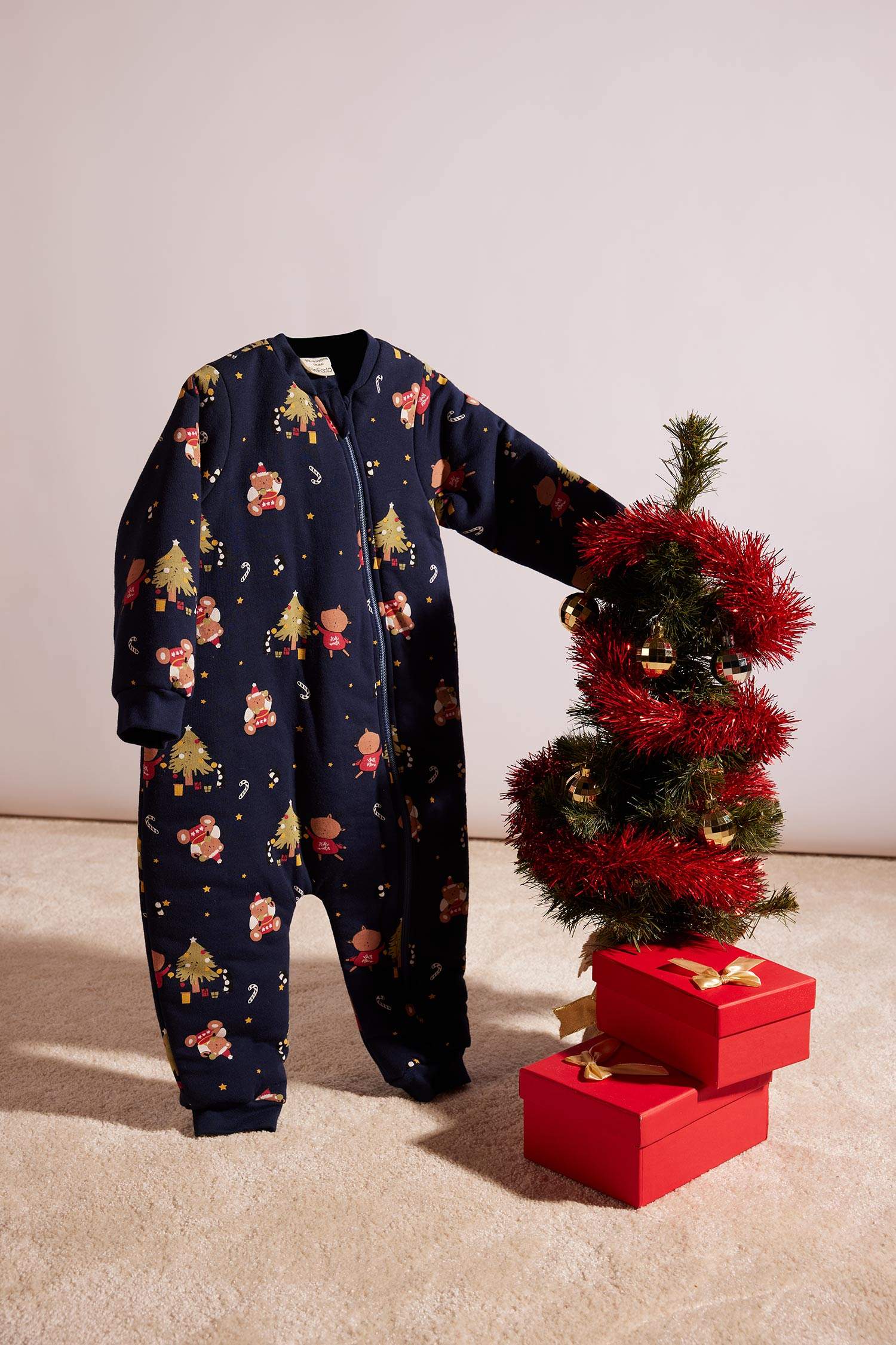 Erkek Bebek Yenidoğan Yılbaşı Temalı Penye Fermuarlı Uzun Kollu Uyku Tulumu