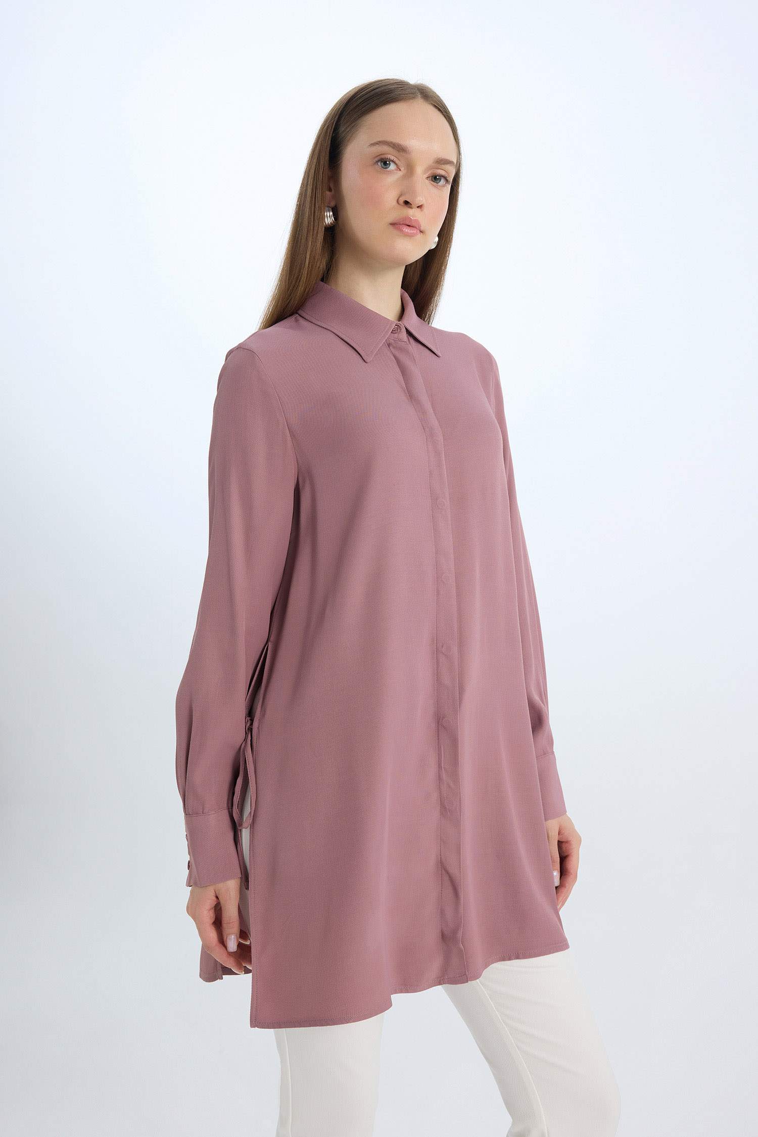 Relax Fit Gömlek Yaka Yandan Bağlamalı Uzun Kollu Basic Düz Gömlek Tunik