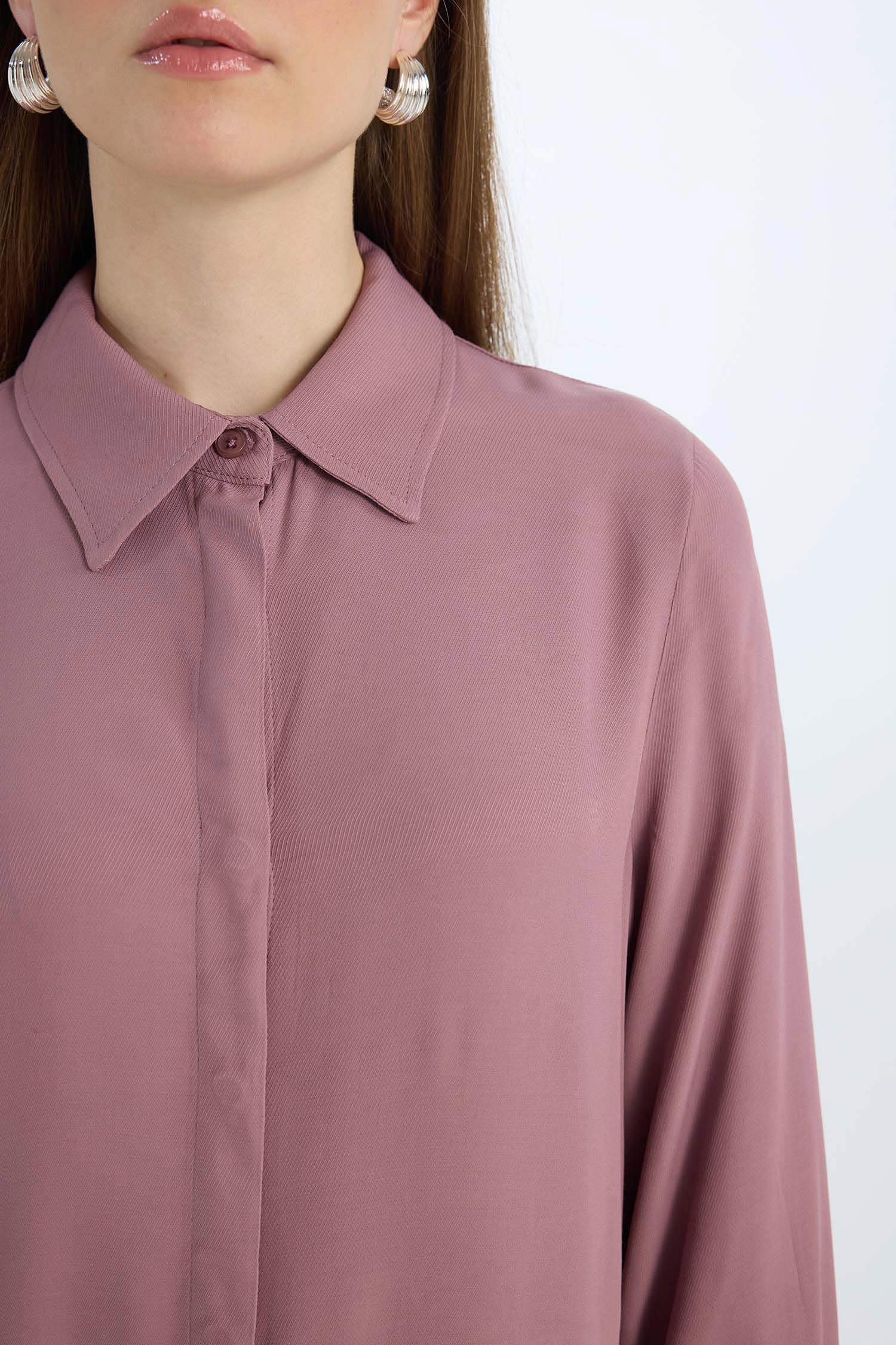 Relax Fit Gömlek Yaka Yandan Bağlamalı Uzun Kollu Basic Düz Gömlek Tunik