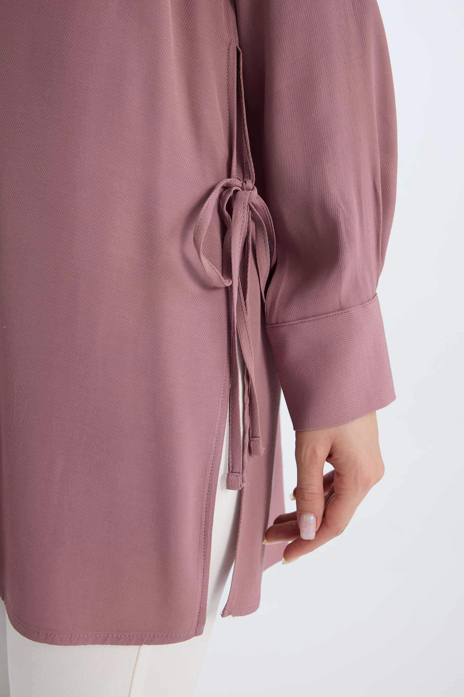 Relax Fit Gömlek Yaka Yandan Bağlamalı Uzun Kollu Basic Düz Gömlek Tunik