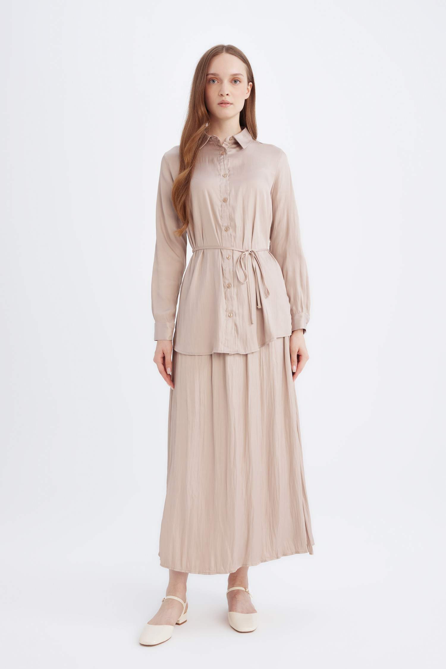 Relax Fit Basic Düz Saten Beli Bağcıklı Uzun Kollu Gömlek Tunik