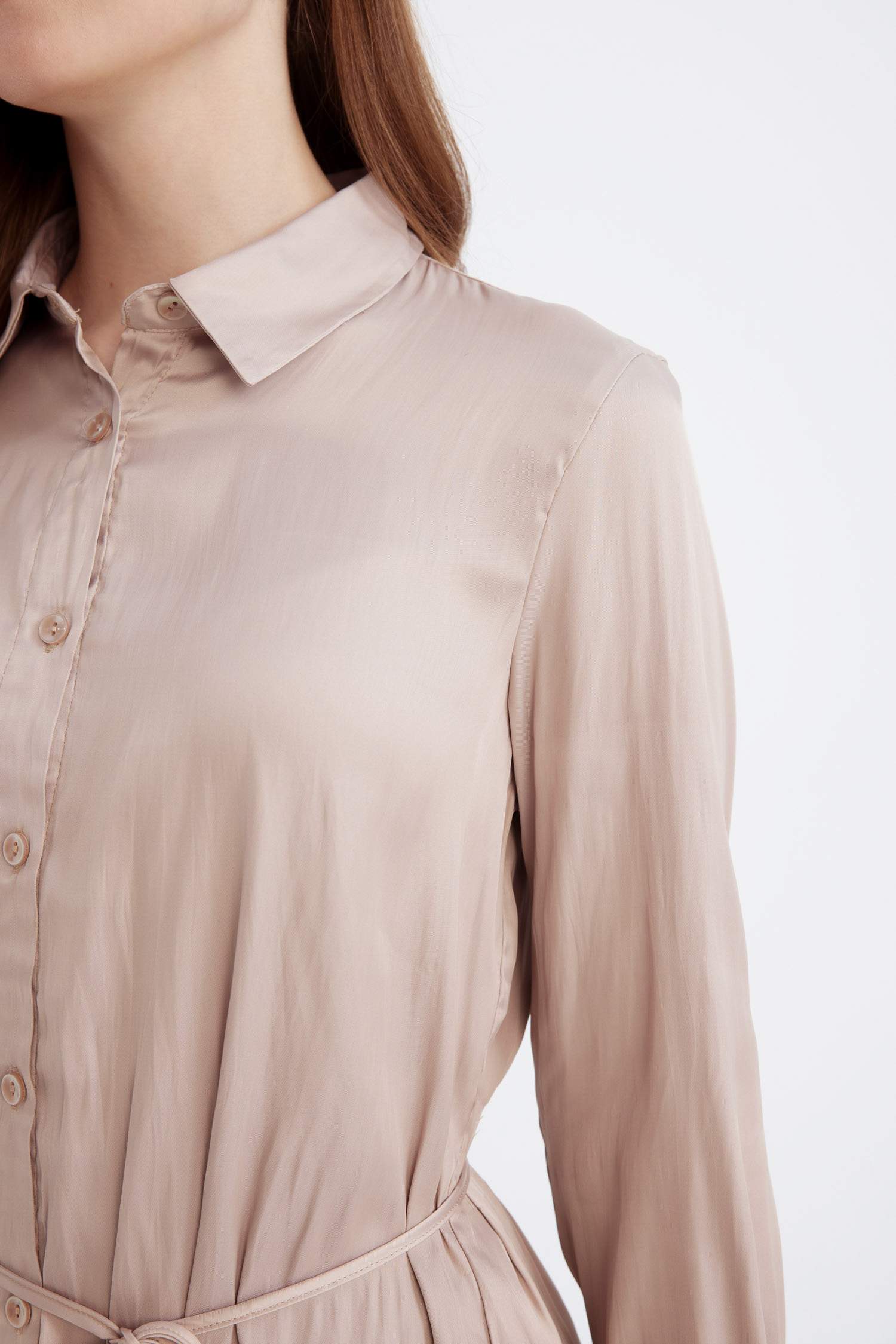 Relax Fit Basic Düz Saten Beli Bağcıklı Uzun Kollu Gömlek Tunik