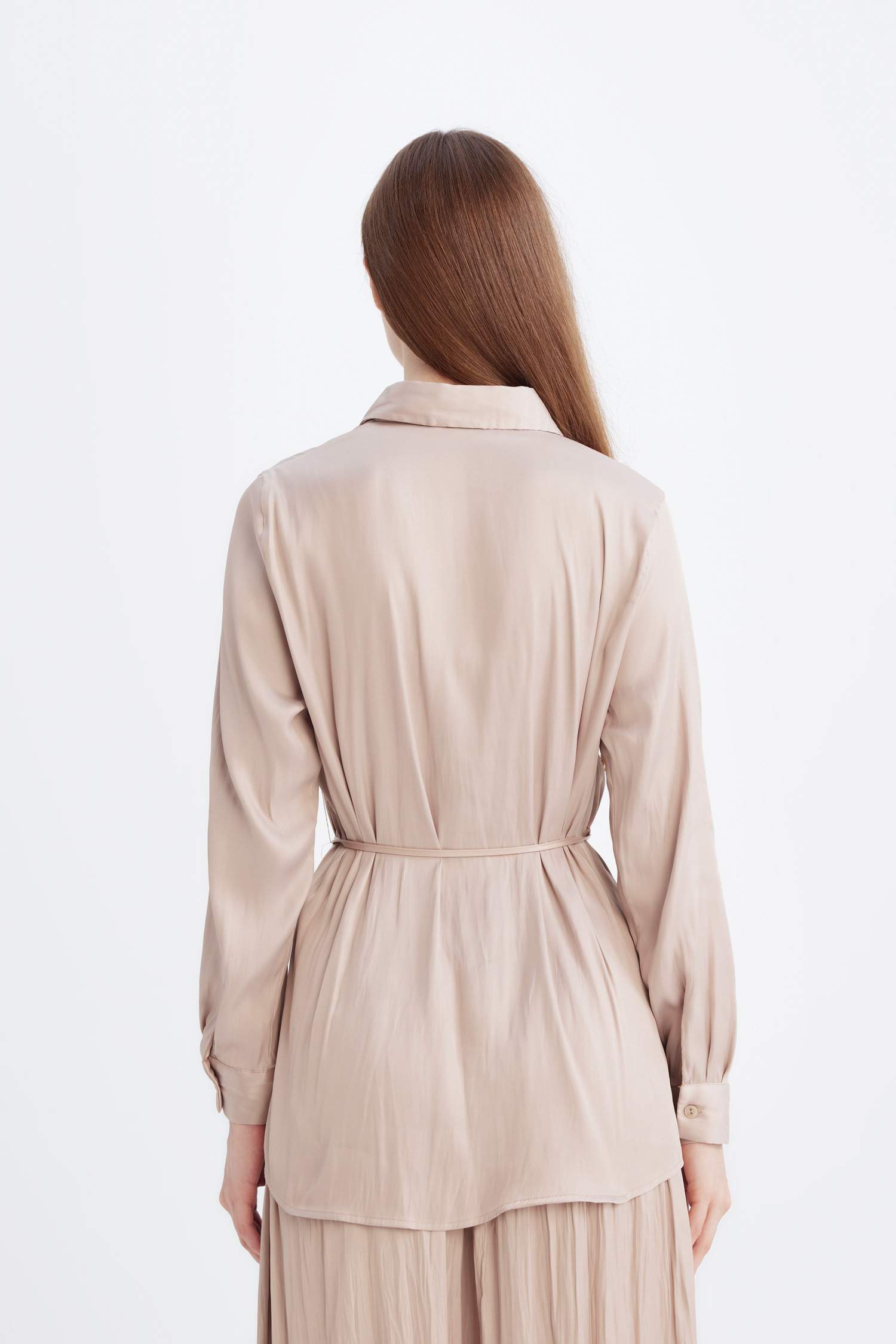 Relax Fit Basic Düz Saten Beli Bağcıklı Uzun Kollu Gömlek Tunik