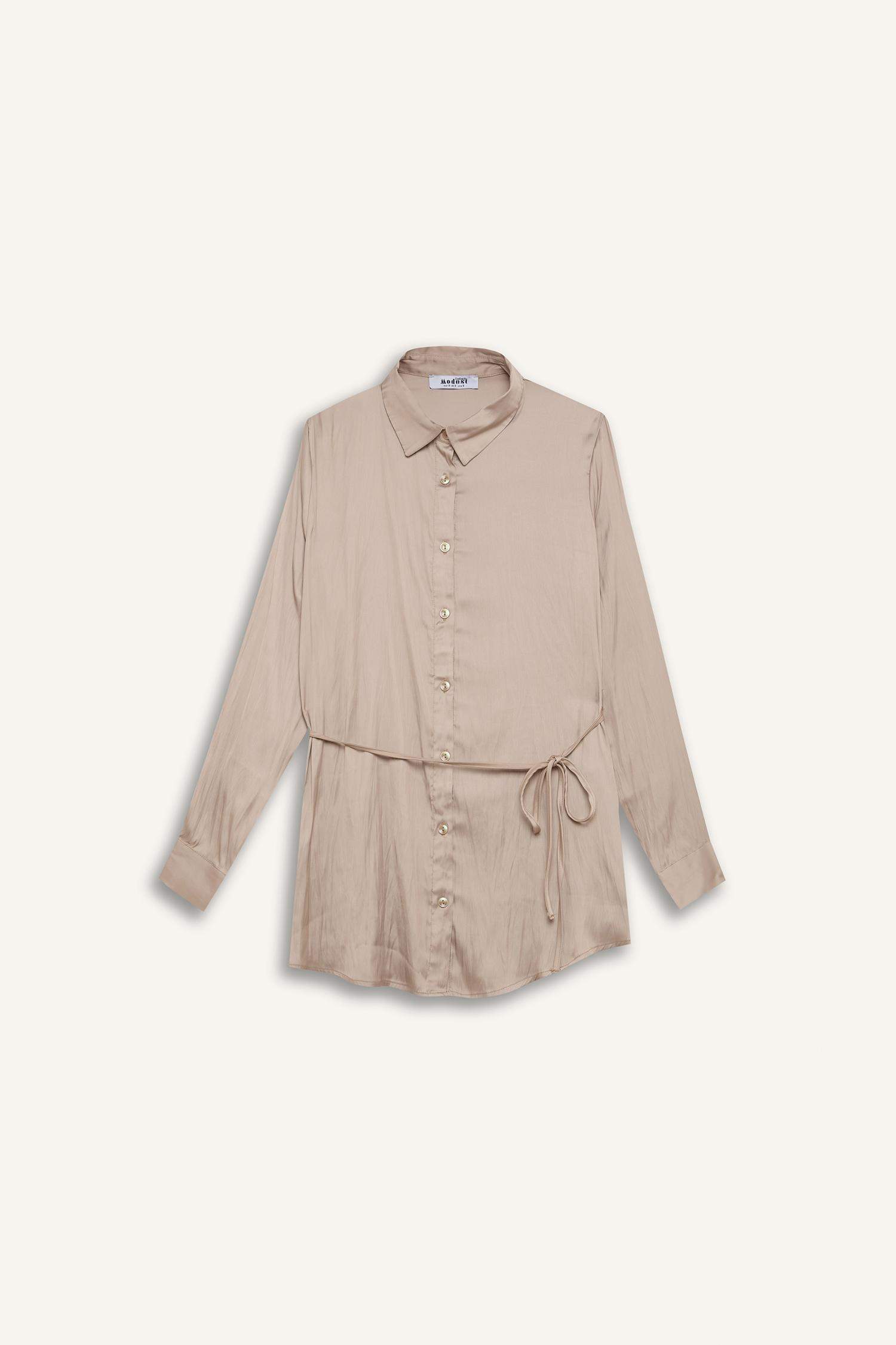 Relax Fit Basic Düz Saten Beli Bağcıklı Uzun Kollu Gömlek Tunik