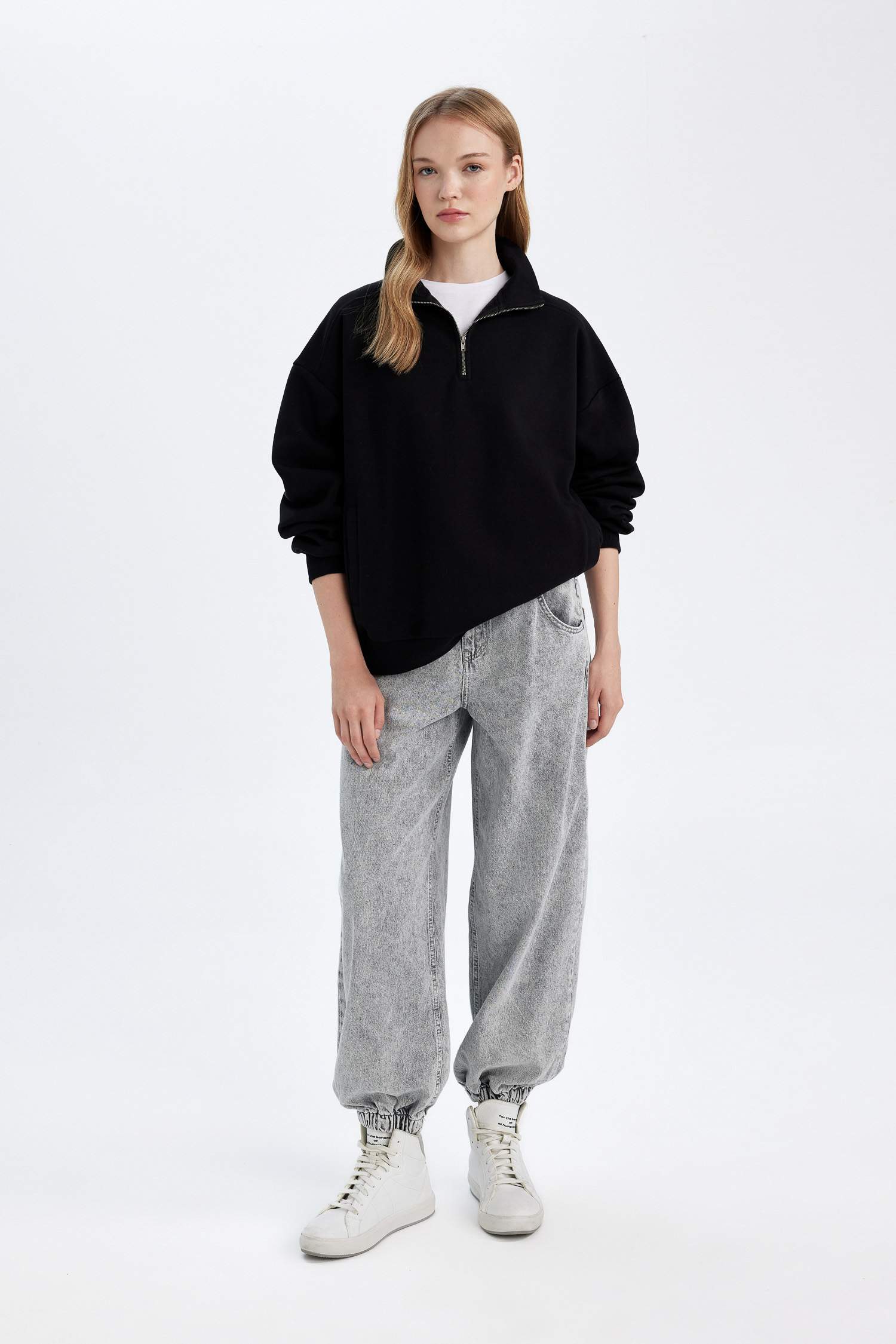 Oversize Geniş Kalıp Fermuarlı Dik Yaka Cepli Basic Düz Kalın Siyah Sweatshirt