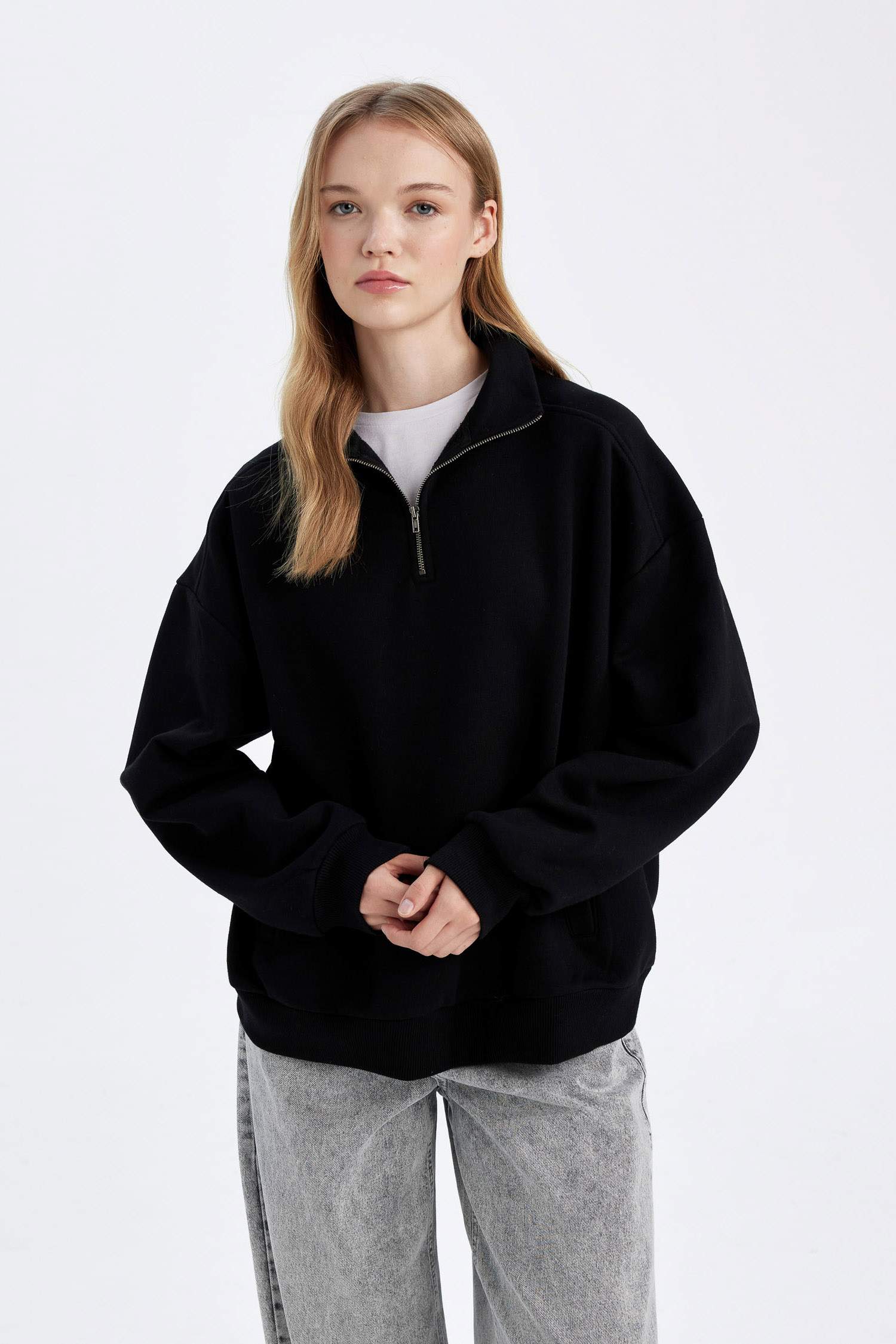 Oversize Geniş Kalıp Fermuarlı Dik Yaka Cepli Basic Düz Kalın Siyah Sweatshirt