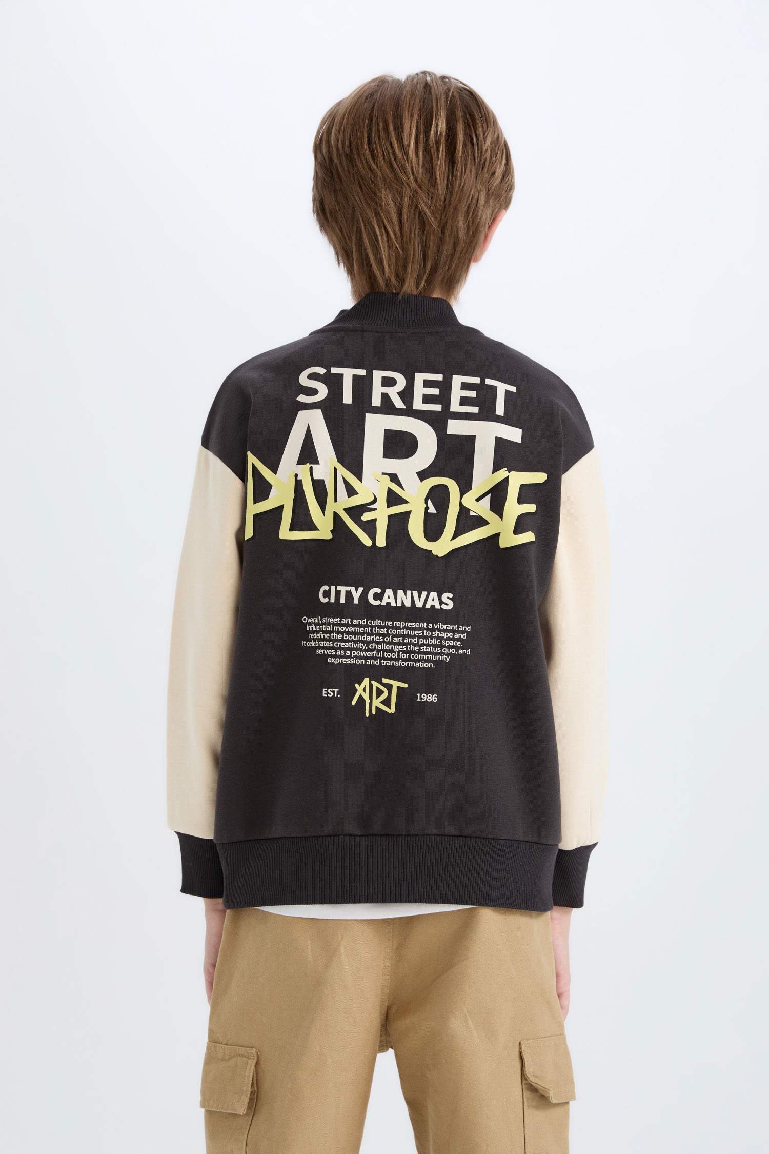 Boy College Collar Back Printed Closure Bomber Jacket