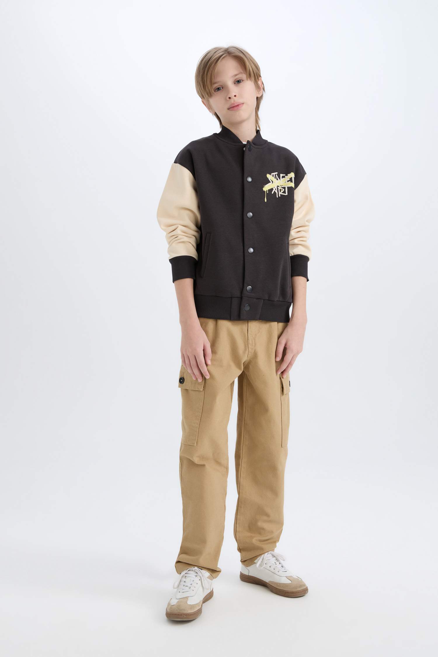 Boy College Collar Back Printed Closure Bomber Jacket