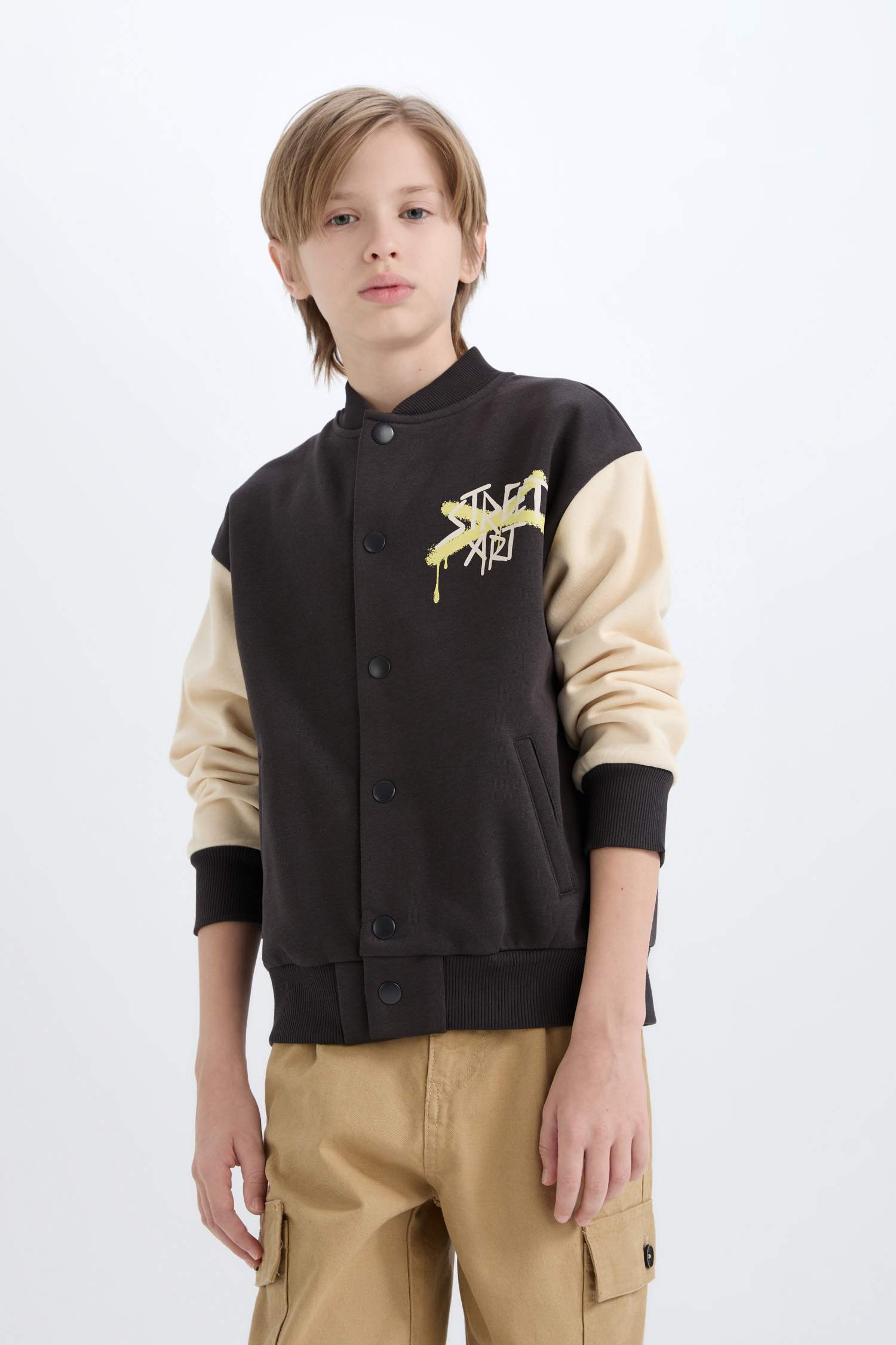 Boy College Collar Back Printed Closure Bomber Jacket