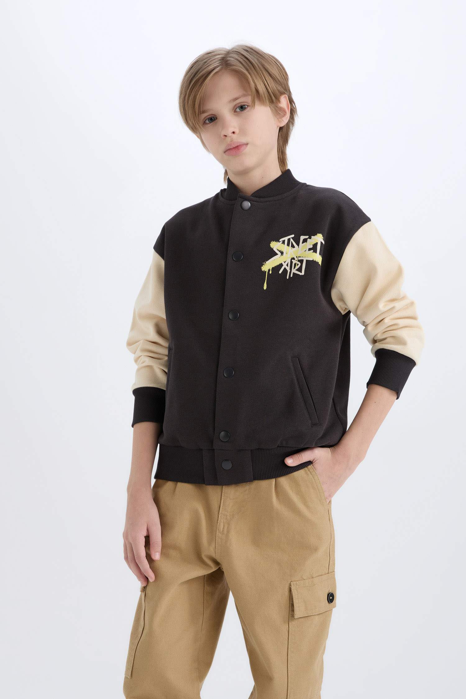 Boy College Collar Back Printed Closure Bomber Jacket
