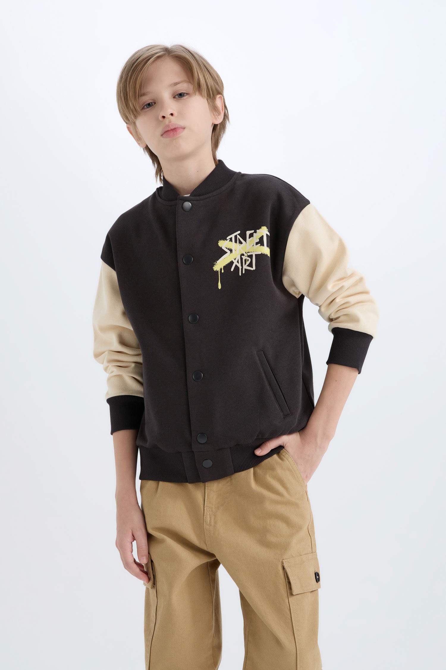 Boy College Collar Back Printed Closure Bomber Jacket