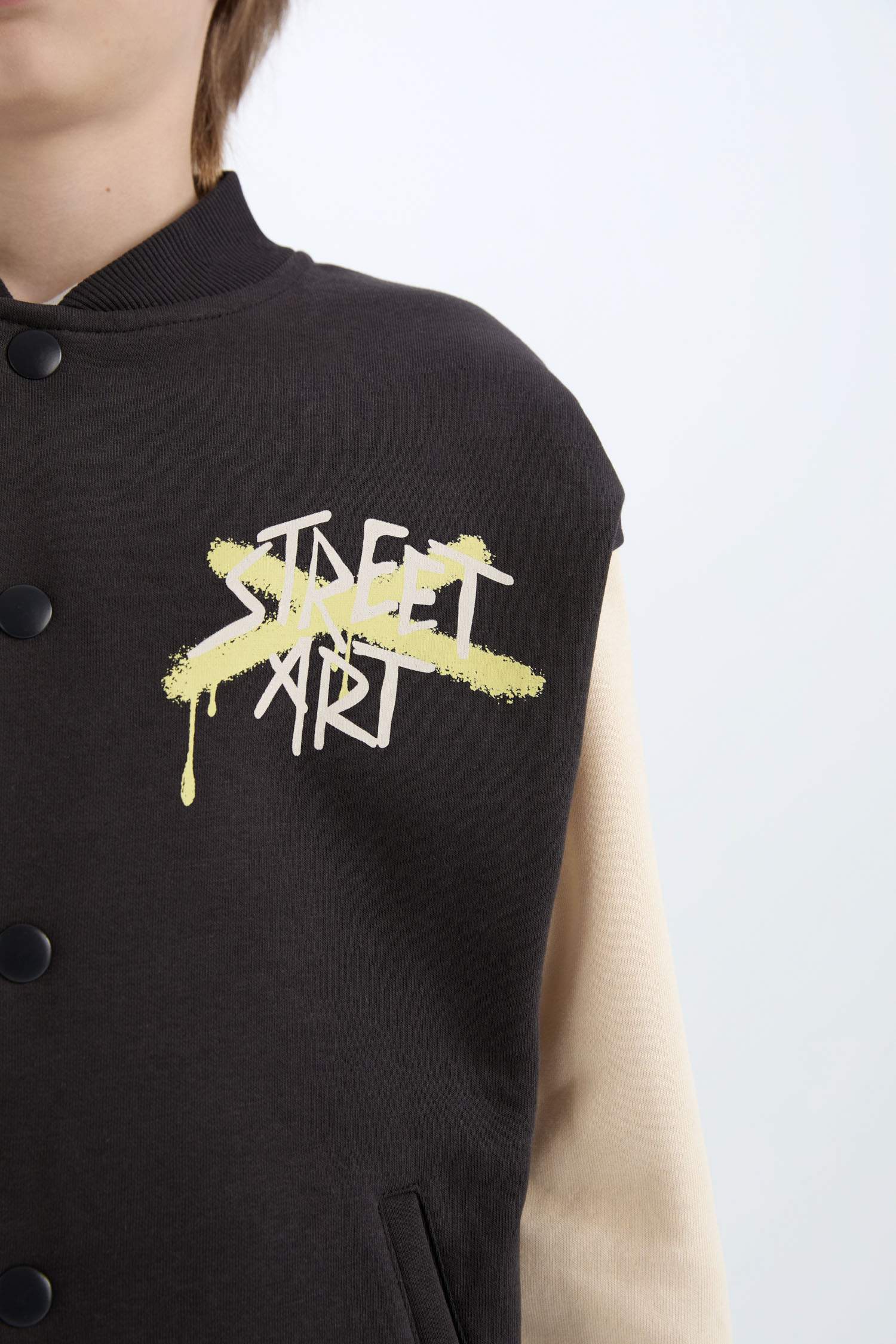 Boy College Collar Back Printed Closure Bomber Jacket