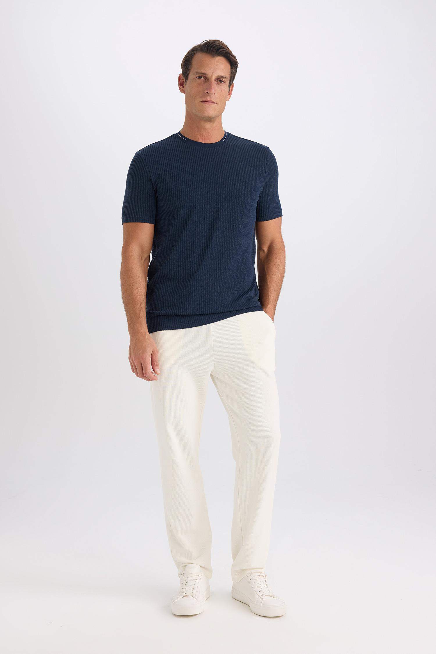 Slim Fit Dar Kesim Bisiklet Yaka Krinkıl Kısa Kollu Tişört