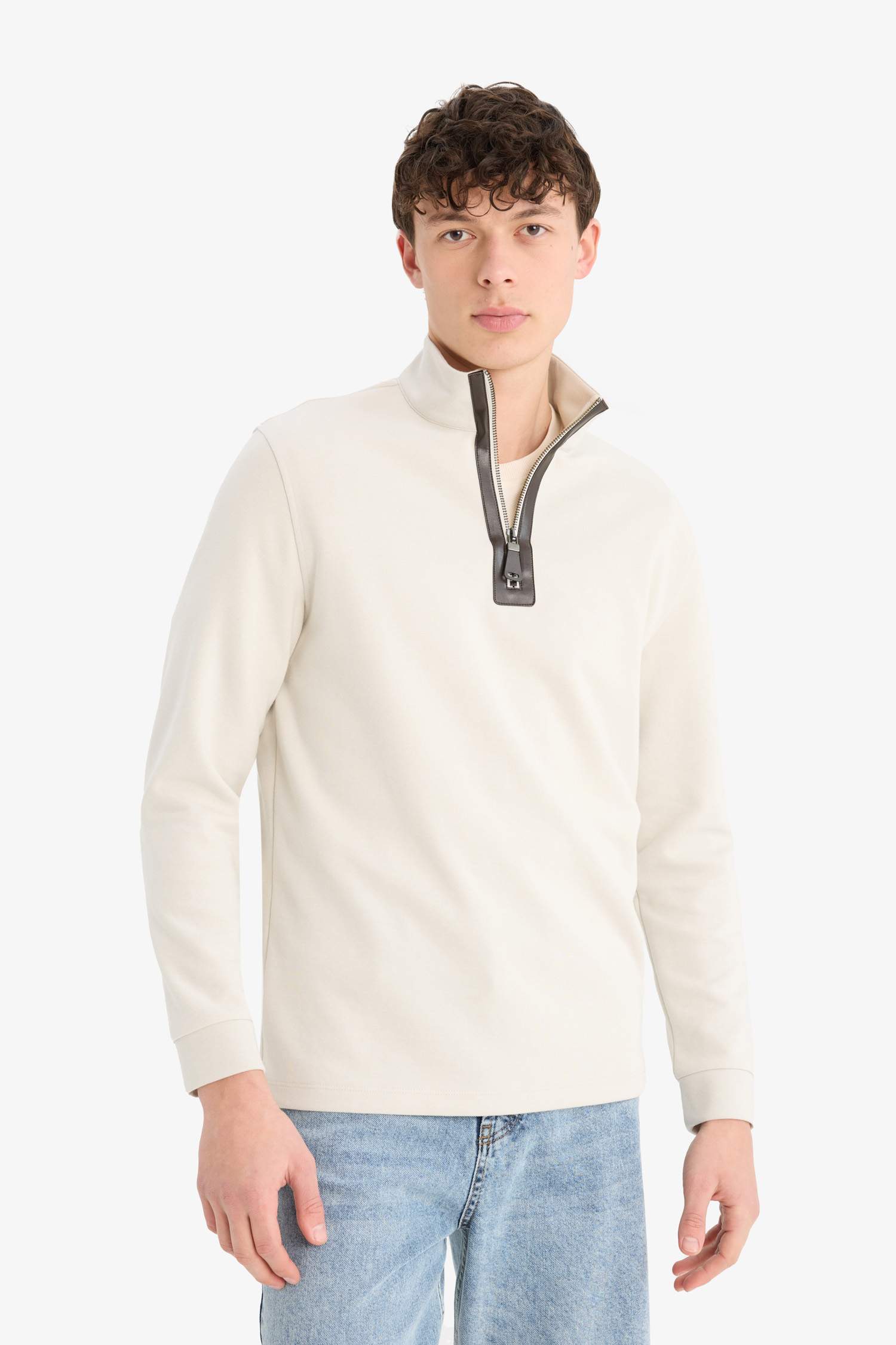 Regular Fit Dik Yaka Yarım Fermuarlı Basic Düz Sweatshirt