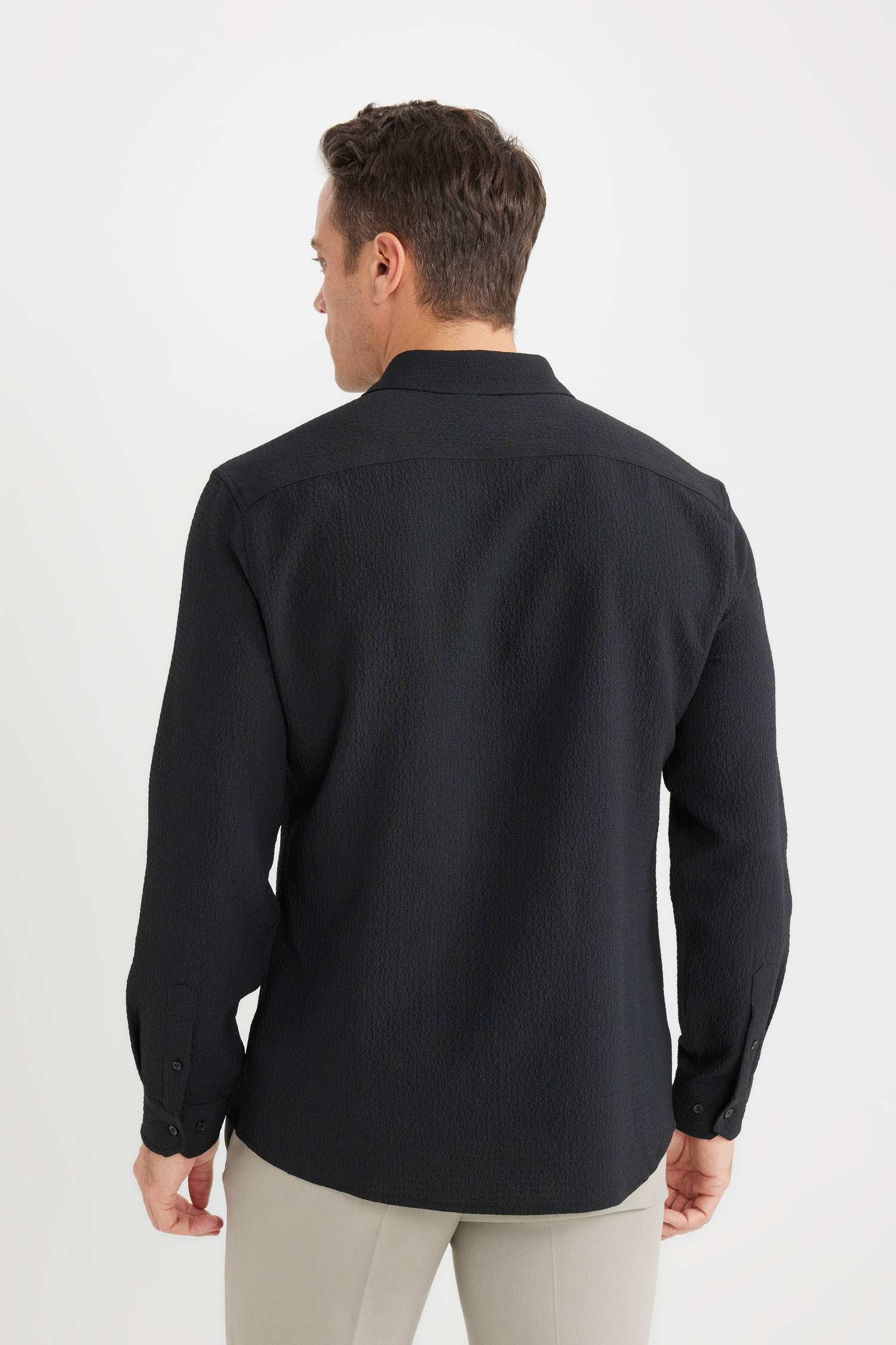 Modern Fit Polo Collar Woven Long Sleeve Shirt