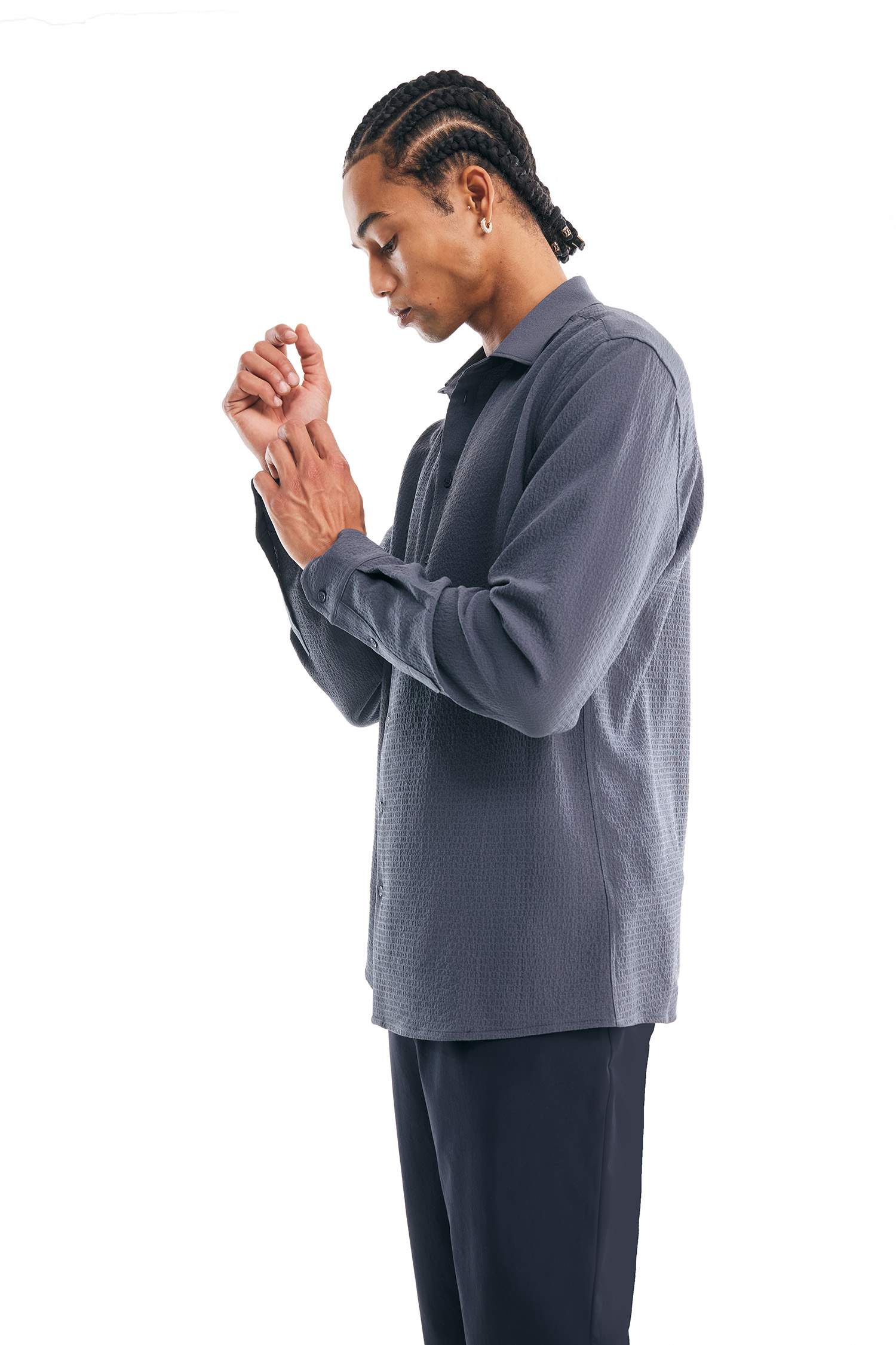 Modern Fit Polo Yaka Dokulu Esnek Kumaş Uzun Kollu Gömlek