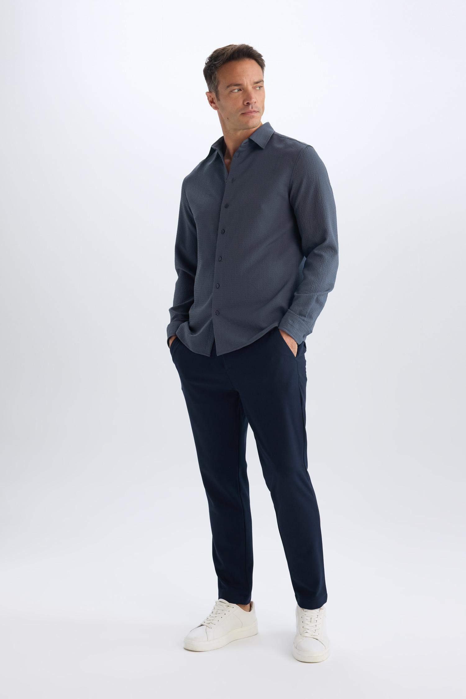 Modern Fit Polo Yaka Dokulu Esnek Kumaş Uzun Kollu Gömlek