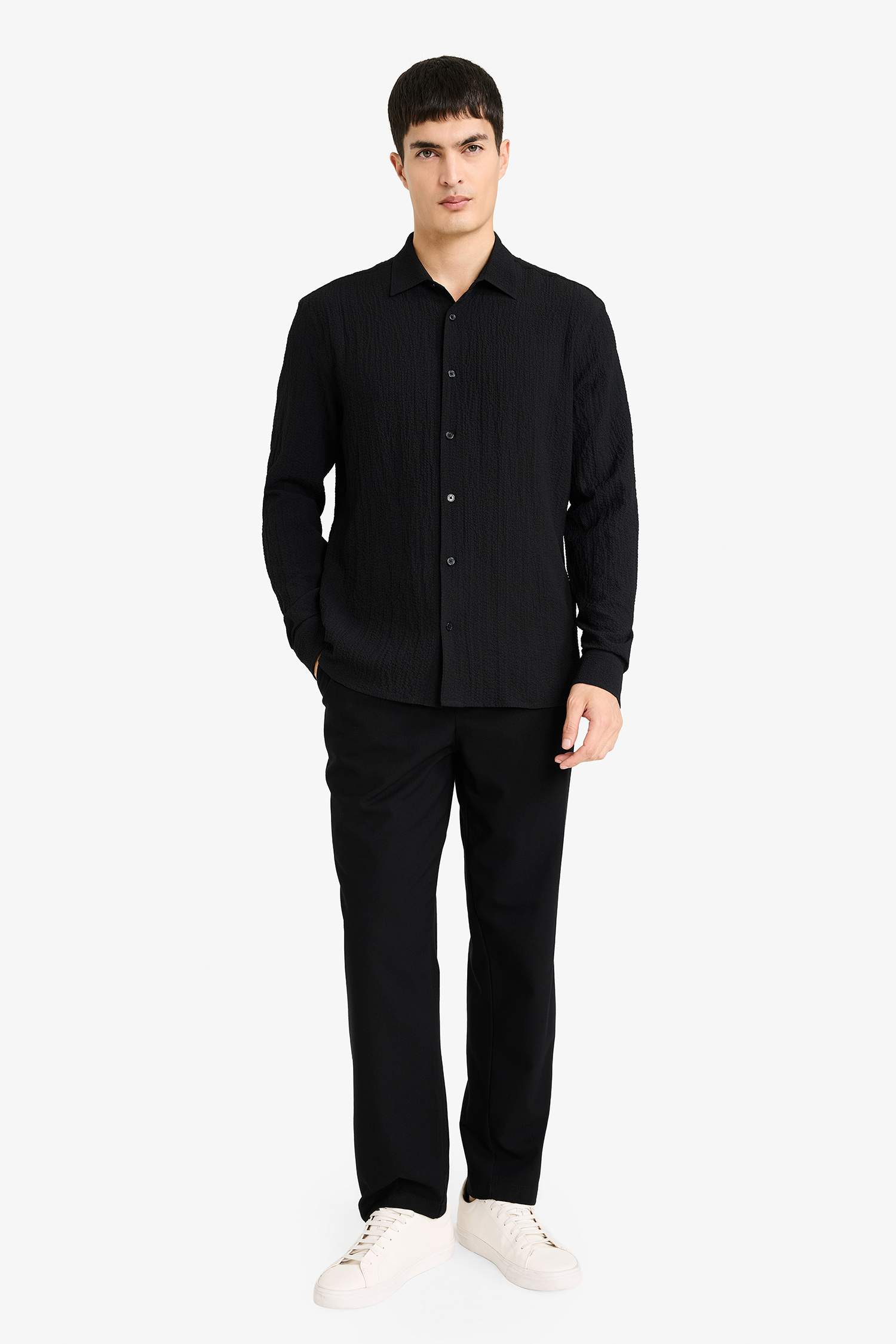 Modern Fit Polo Yaka Dokulu Esnek Kumaş Uzun Kollu Gömlek