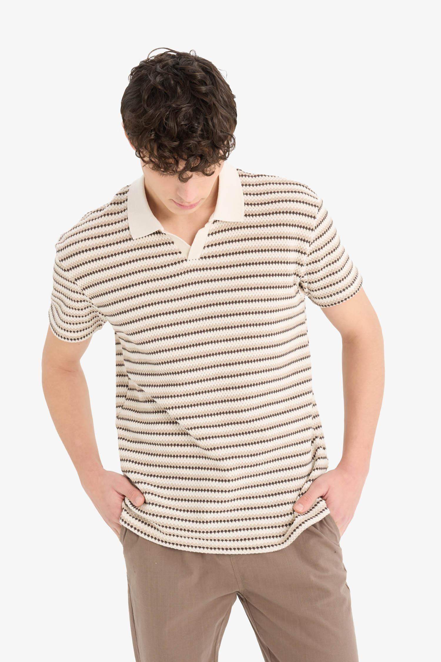 Regular Fit Polo Yaka Çizgili Dokulu Kısa Kollu Tişört