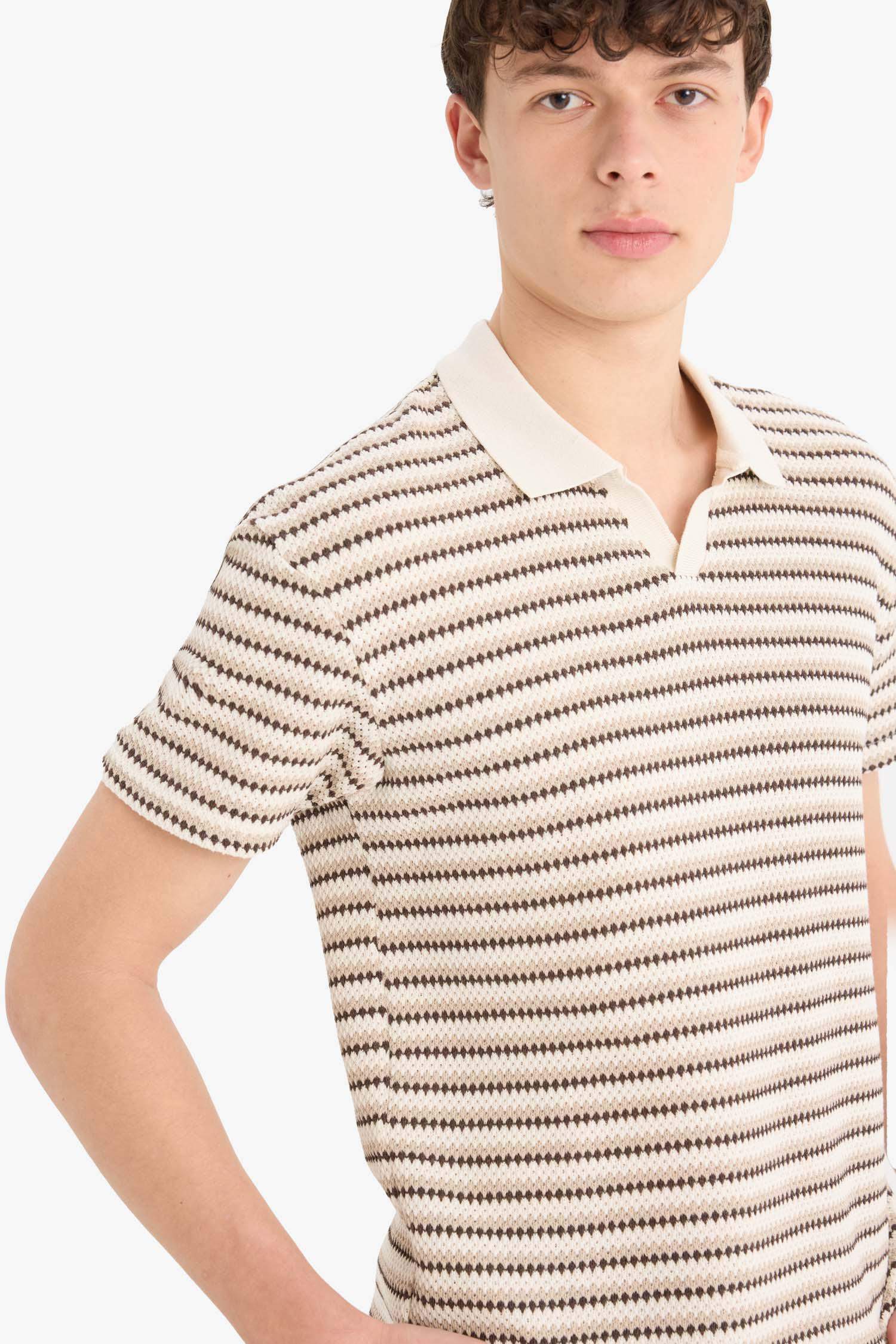 Regular Fit Polo Yaka Çizgili Dokulu Kısa Kollu Tişört