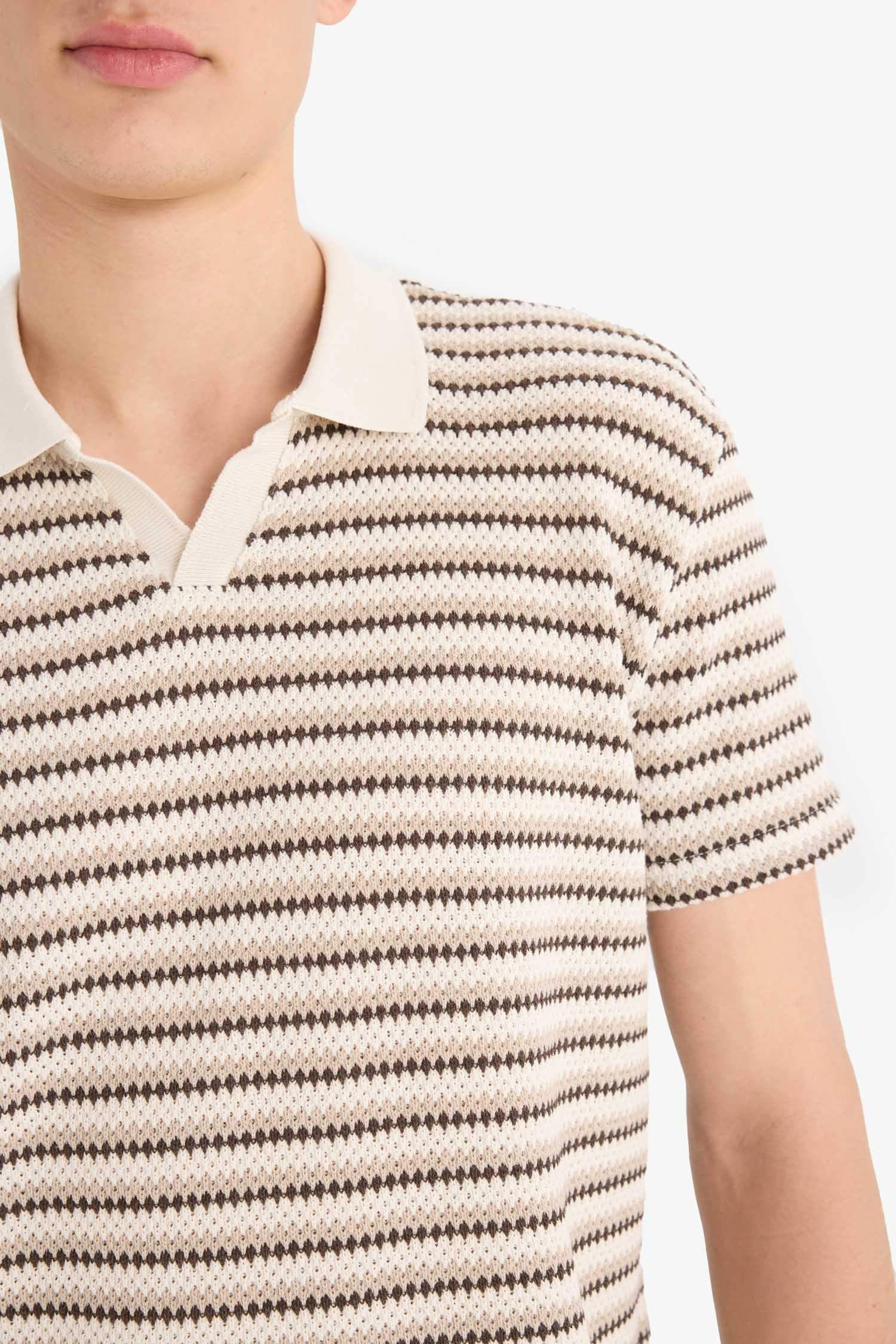 Regular Fit Polo Yaka Çizgili Dokulu Kısa Kollu Tişört