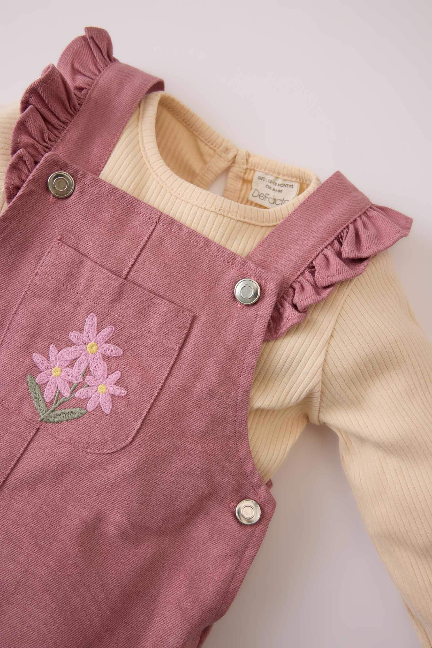 Kız Bebek 2'li Takım Uzun Kollu Üst Çiçekli Salopet Elbise