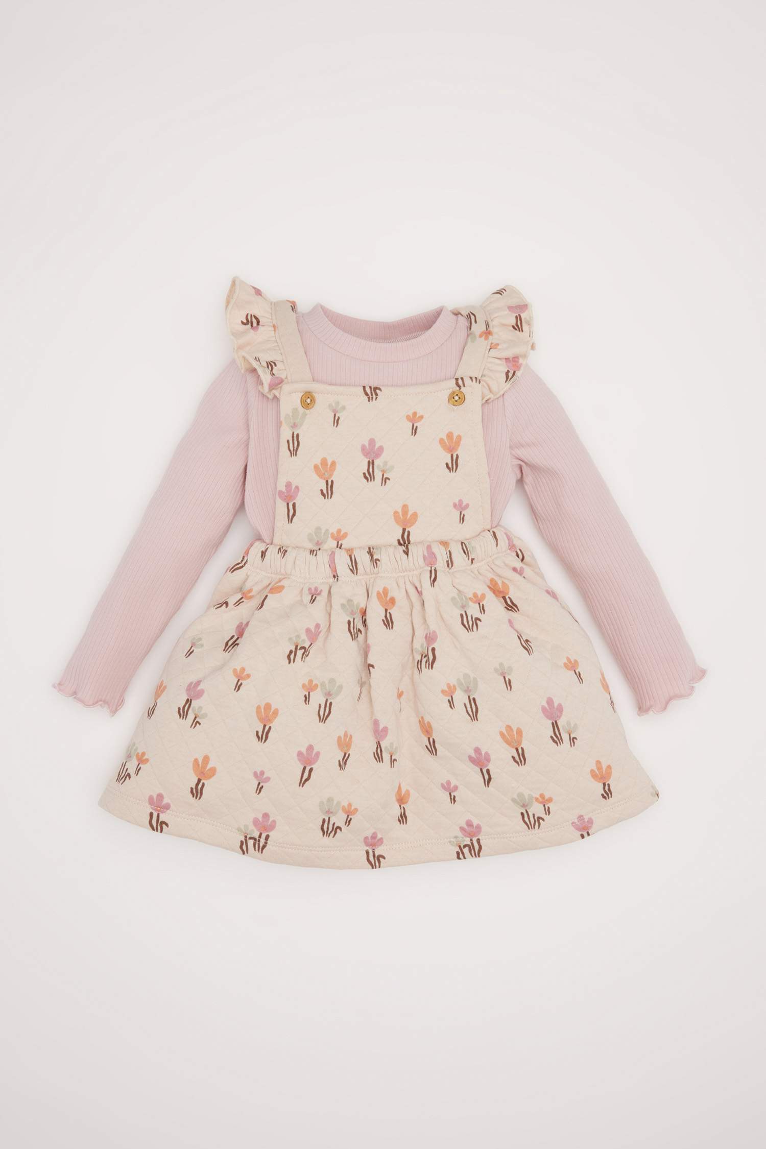 Kız Bebek 2'li Takım Çiçekli Fitilli Kaşkorse Elbise Basic Düz Uzun Kollu Tişört
