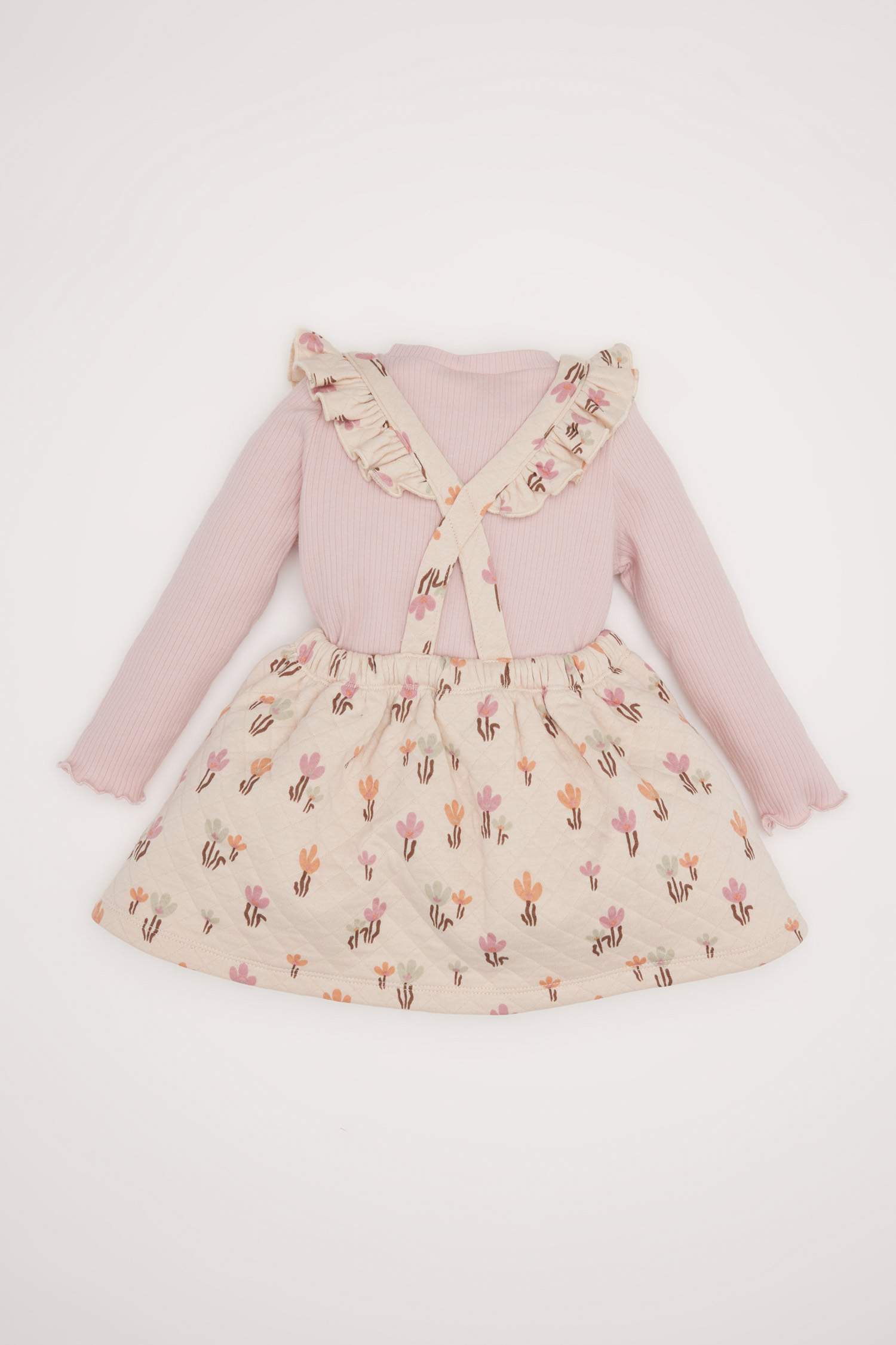 Kız Bebek 2'li Takım Çiçekli Fitilli Kaşkorse Elbise Basic Düz Uzun Kollu Tişört