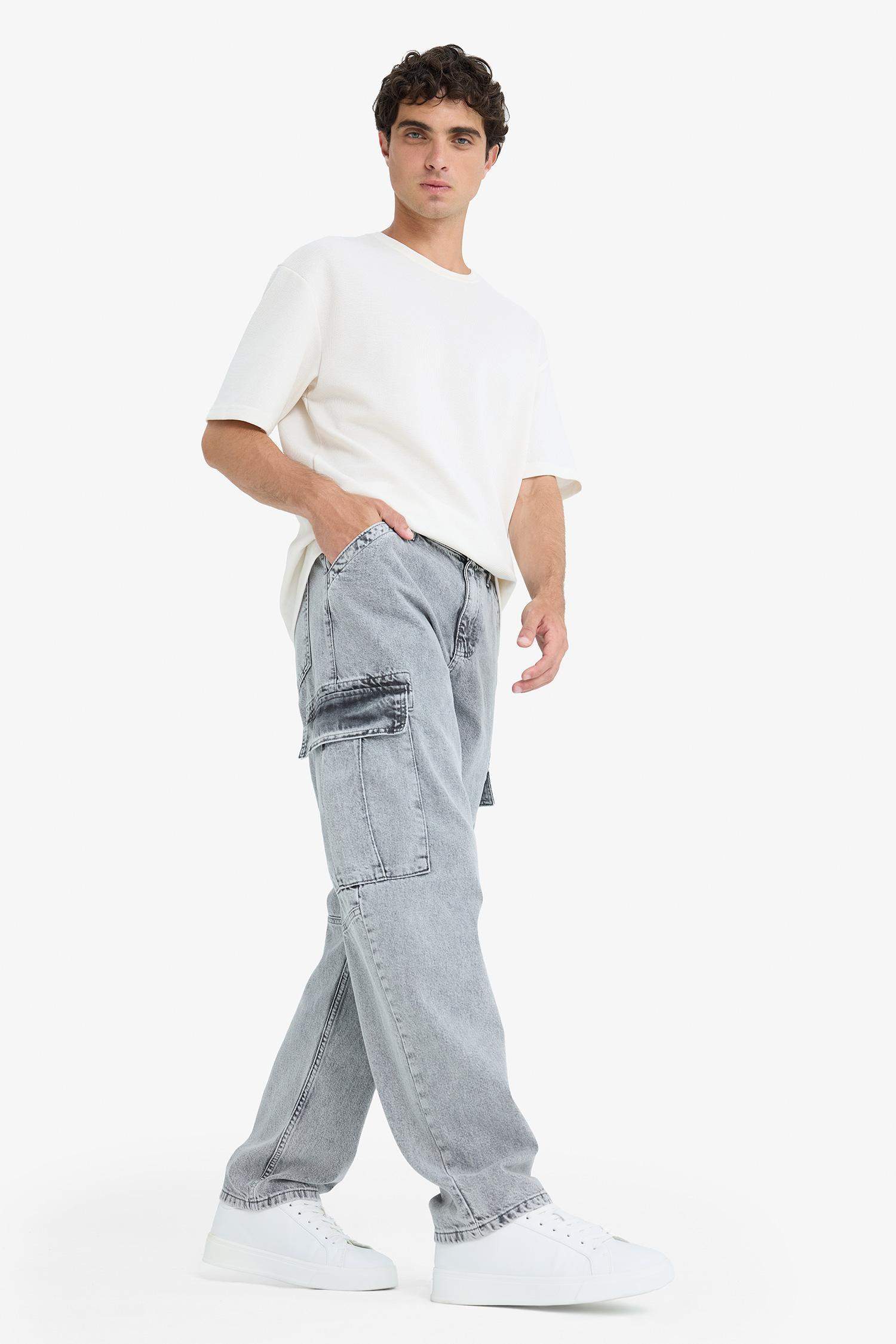 %100 Pamuk Relax Fit Rahat Kesim Kargo Cepli Geniş Paça Jean Pantolon