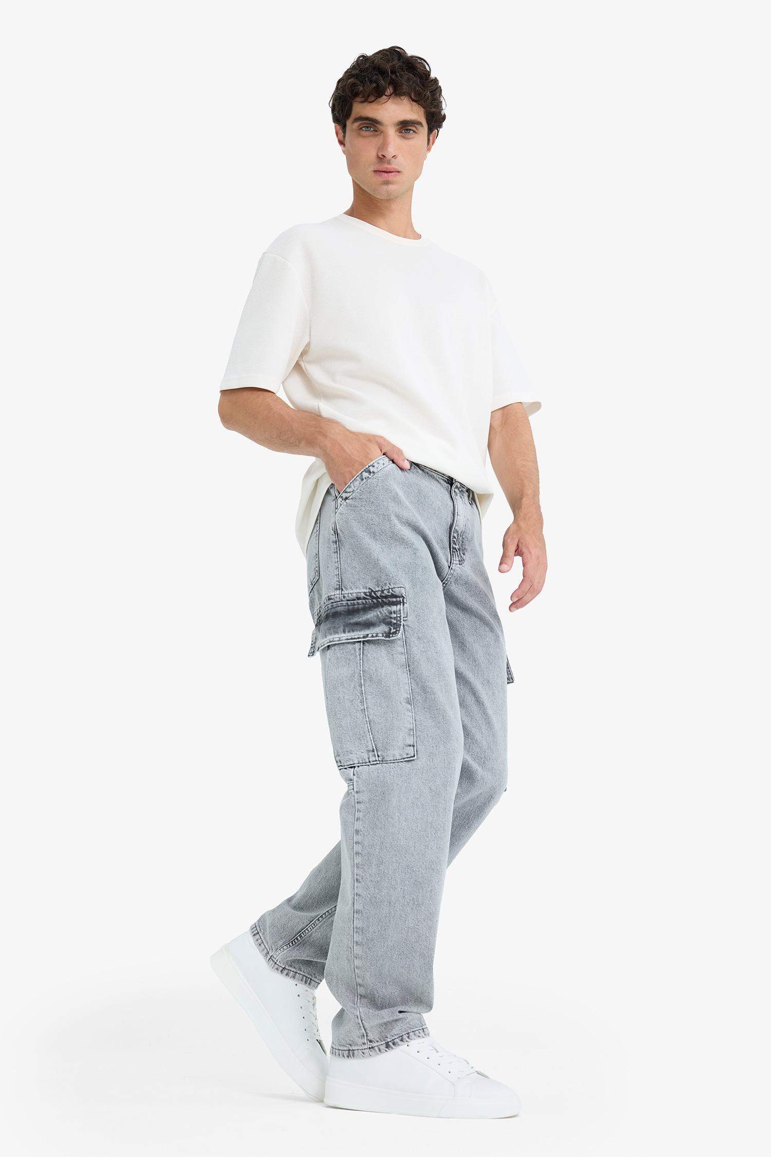 %100 Pamuk Relax Fit Rahat Kesim Kargo Cepli Geniş Paça Jean Pantolon