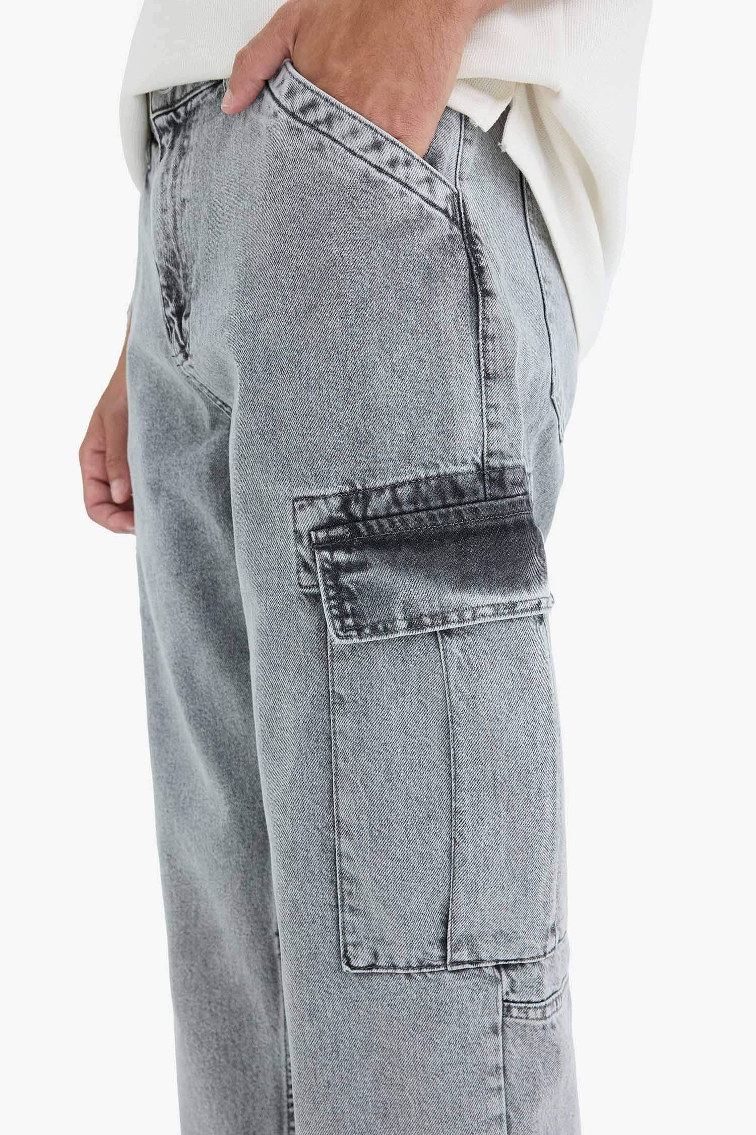 %100 Pamuk Relax Fit Rahat Kesim Kargo Cepli Geniş Paça Jean Pantolon