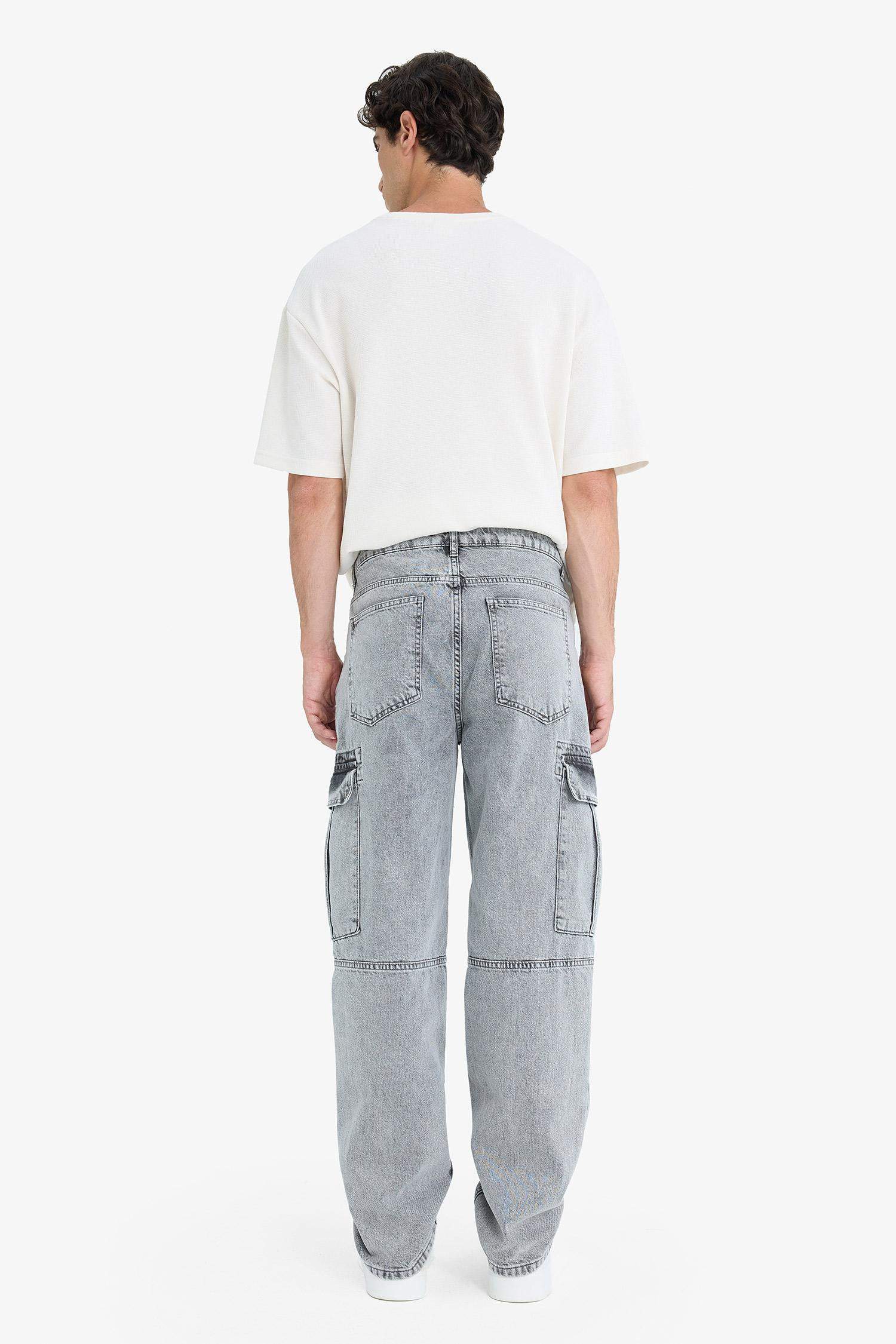 %100 Pamuk Relax Fit Rahat Kesim Kargo Cepli Geniş Paça Jean Pantolon