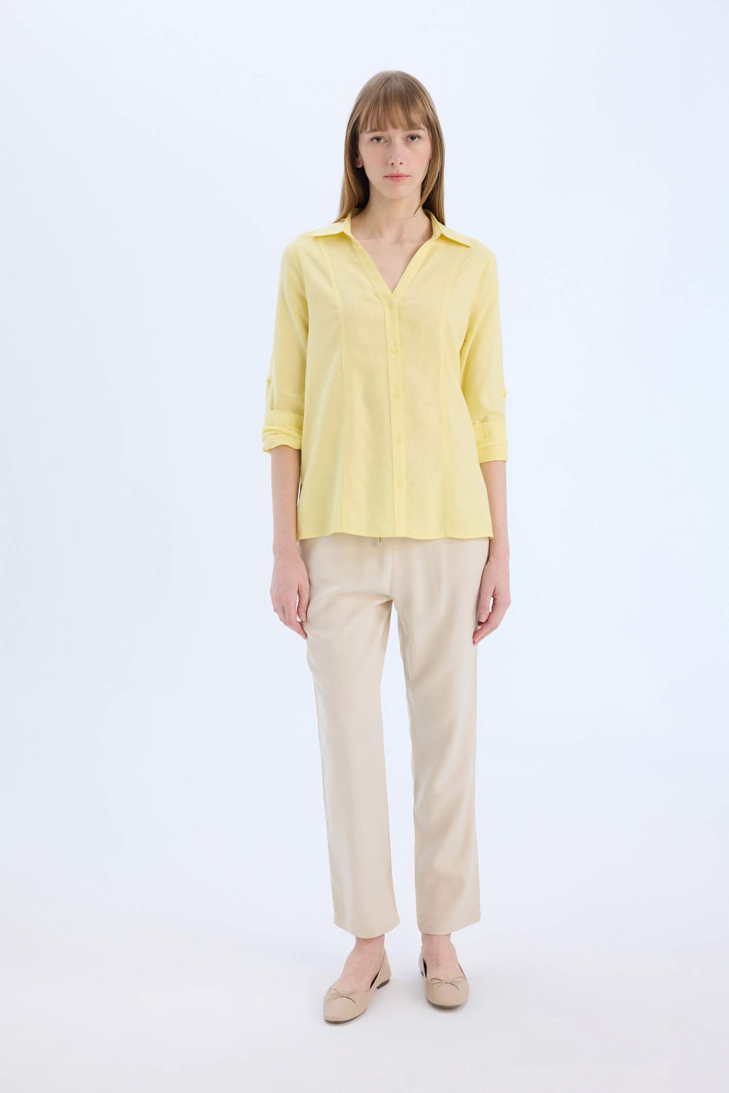 Chemise en lin mélangé à manches longues Coupe régulière